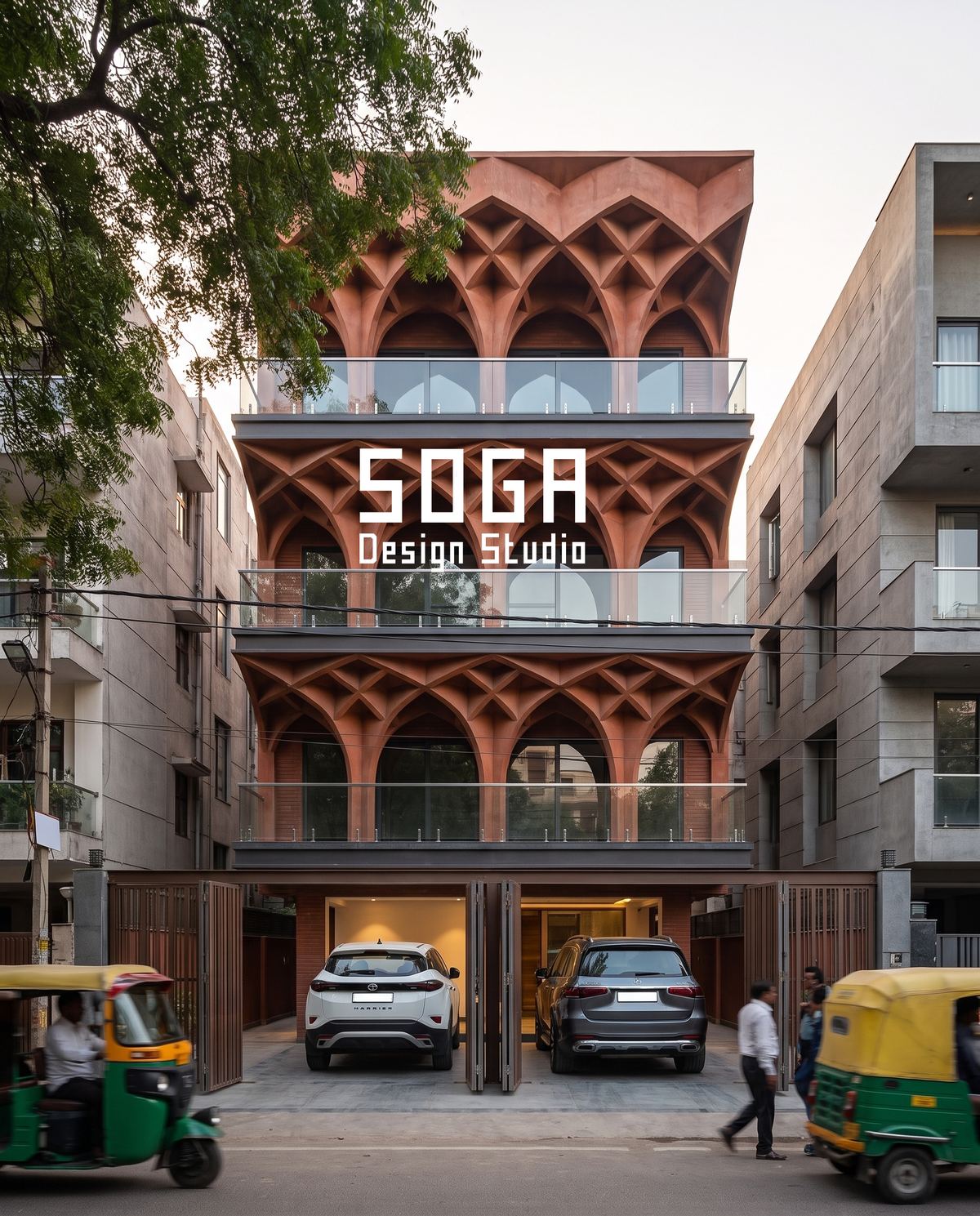 The Elevation Mockup: Build One Bay Before The Whole Face 1 Terracotta pointed-arch arcade screen in two stacked tiers, the kind of unit proven on a full-size mockup before production