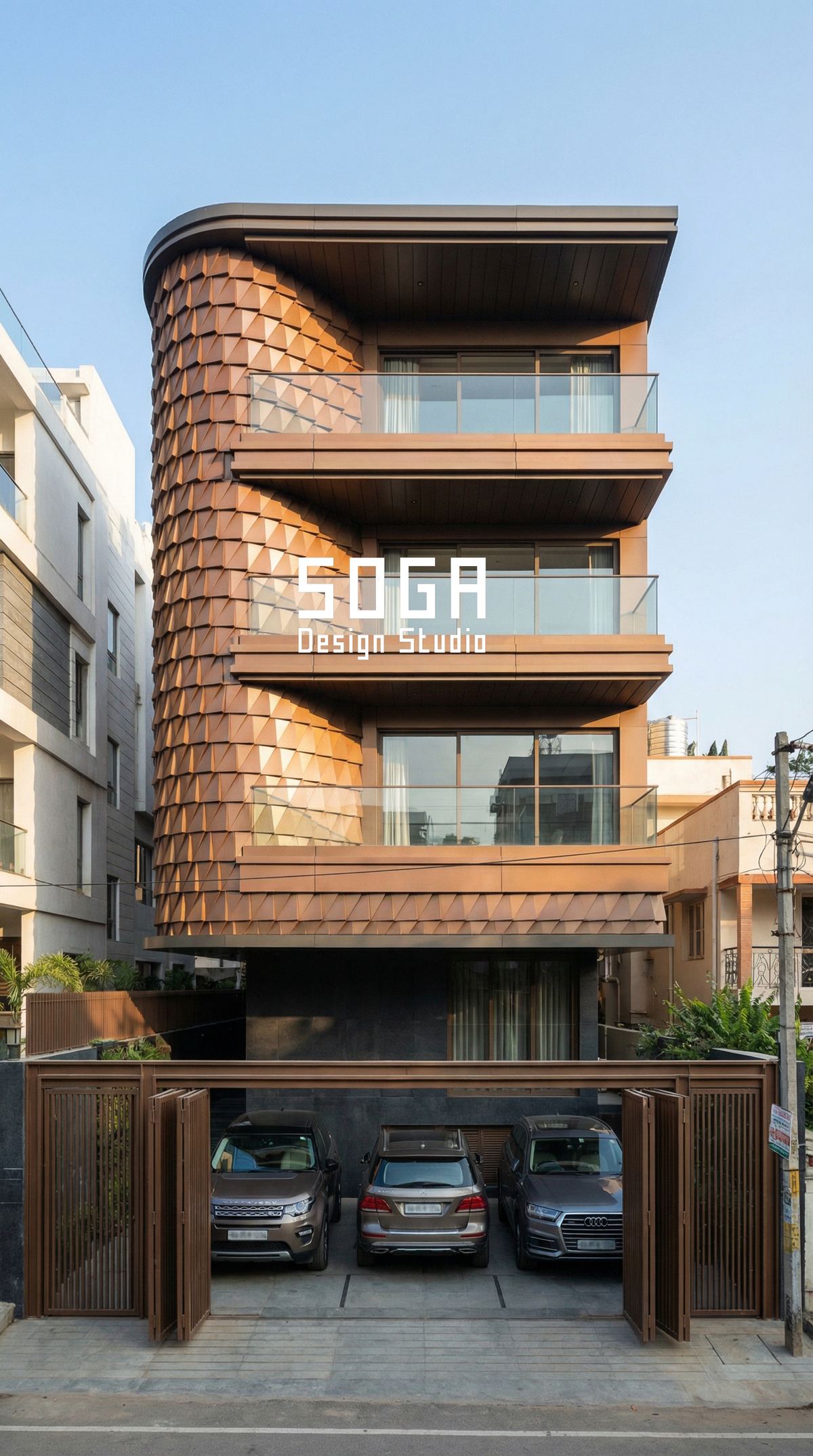 The Elevation Mockup: Build One Bay Before The Whole Face 2 Copper shingle skin wrapping the curved corner of an Indian house elevation, lap and colour signed off on a sample panel