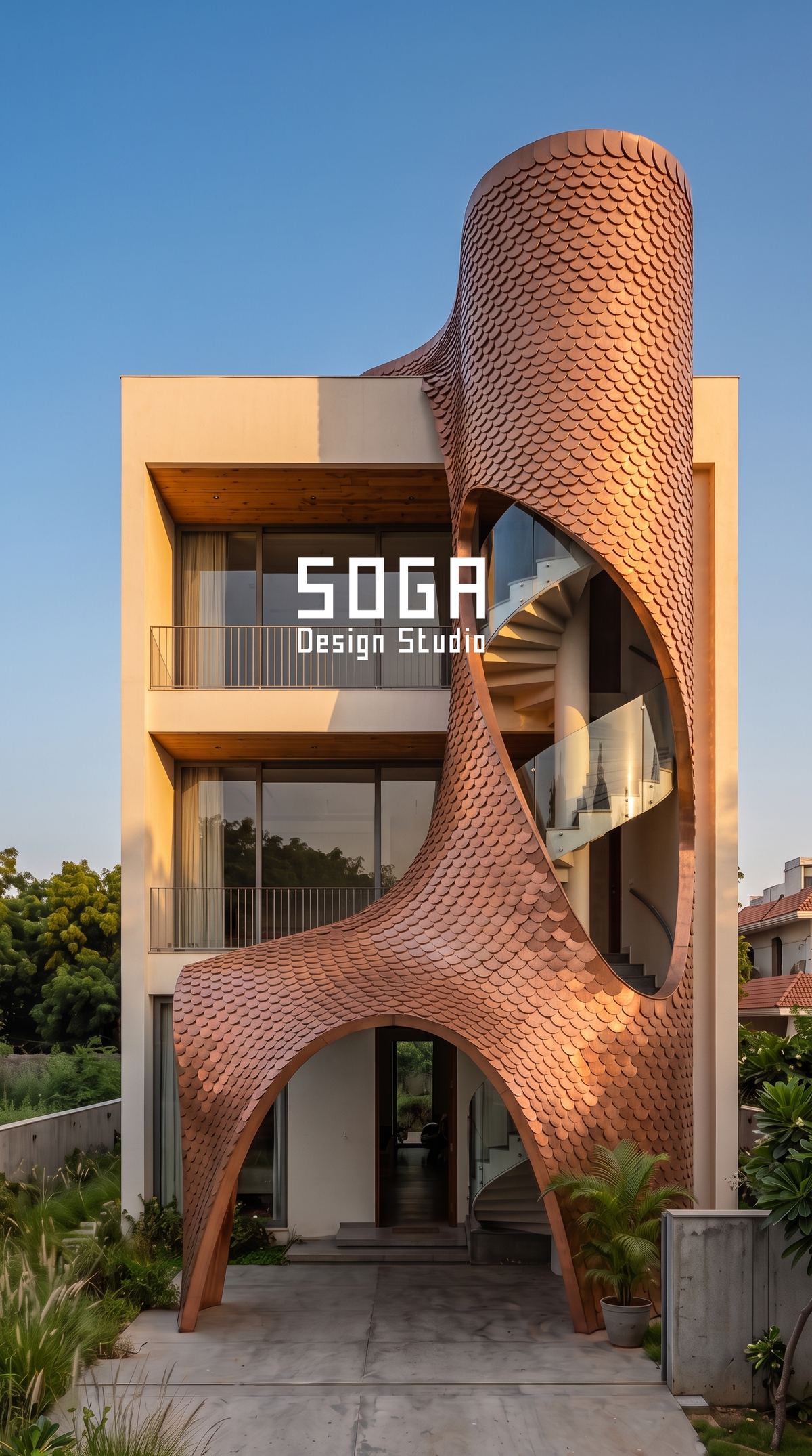 The Elevation Mockup: Build One Bay Before The Whole Face 3 Copper scale-clad sculptural arch on a house frontage, a geometry no drawing can approve without a built mockup