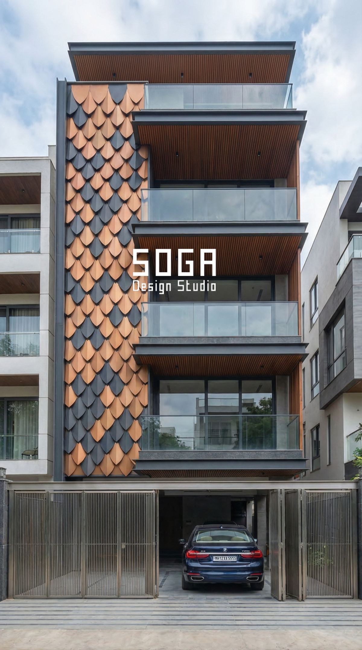 The Elevation Mockup: Build One Bay Before The Whole Face 6 Copper and grey diamond shingle panel on a narrow-plot house elevation, two finishes approved side by side on one mockup