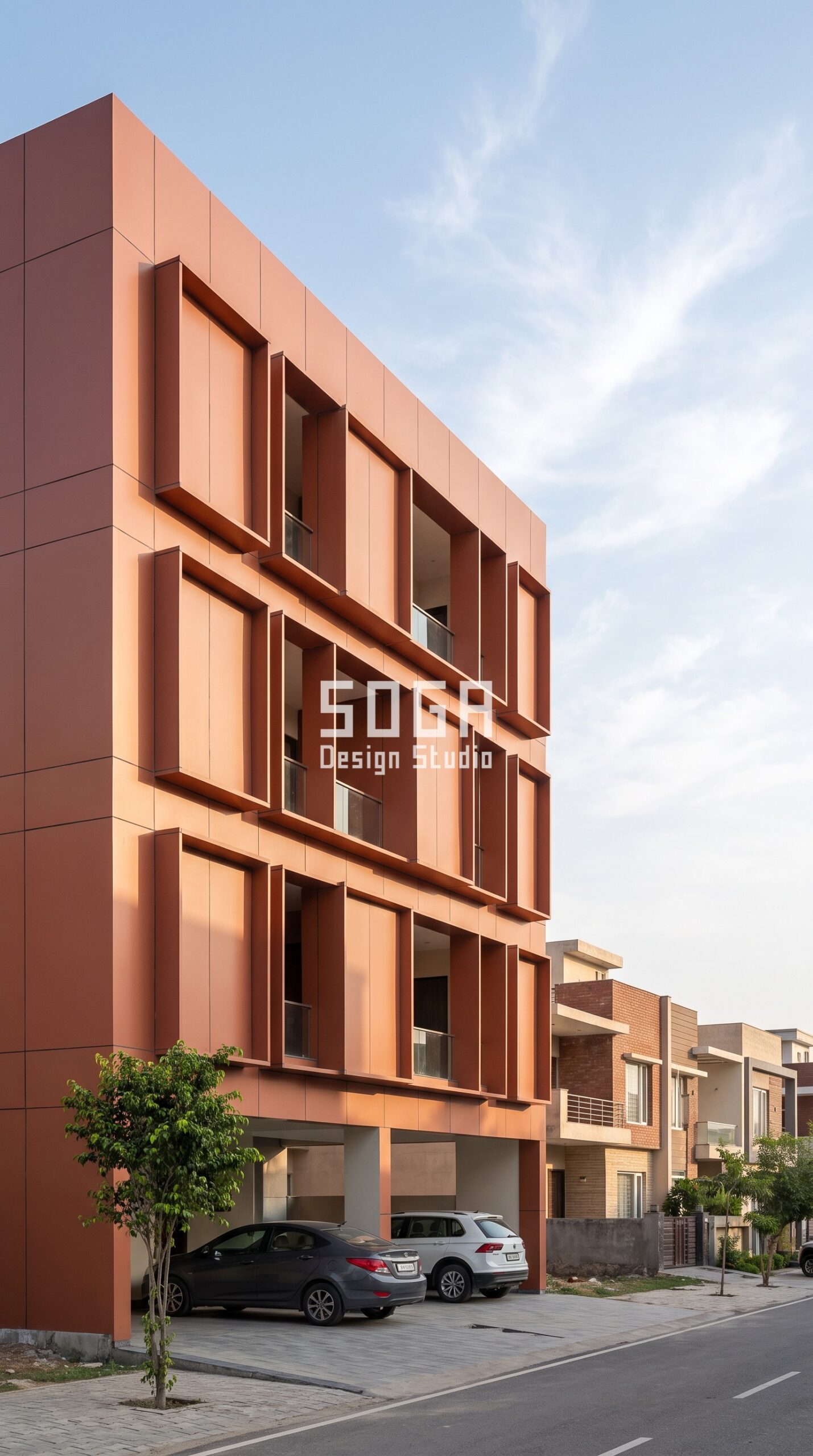 Compare Elevation Quotes India 2026: The 4 Numbers 1 Parametric Corbel Jut terracotta-toned metal composite facade, Mohali - SOGA Design Studio
