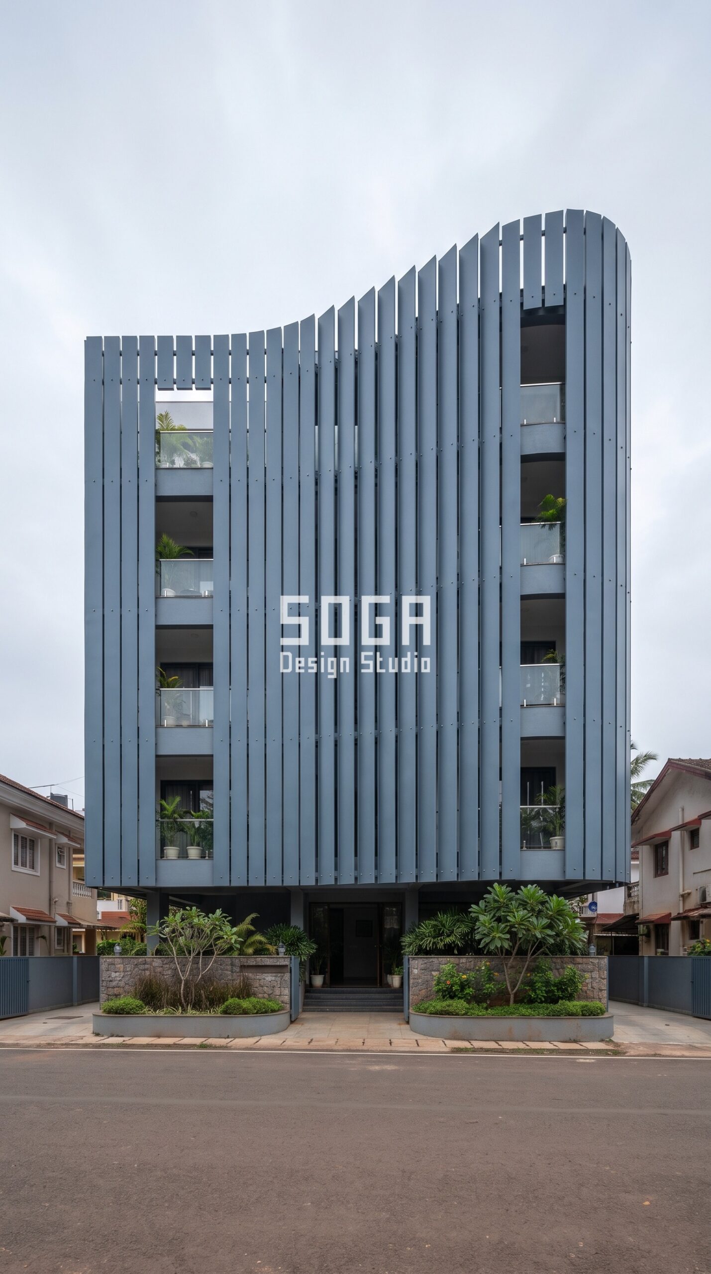 Compare Elevation Quotes India 2026: The 4 Numbers 2 Parametric Surge Rib ral 5008 slate grey blue steel facade, Dona Paula, Goa - SOGA Design Studio