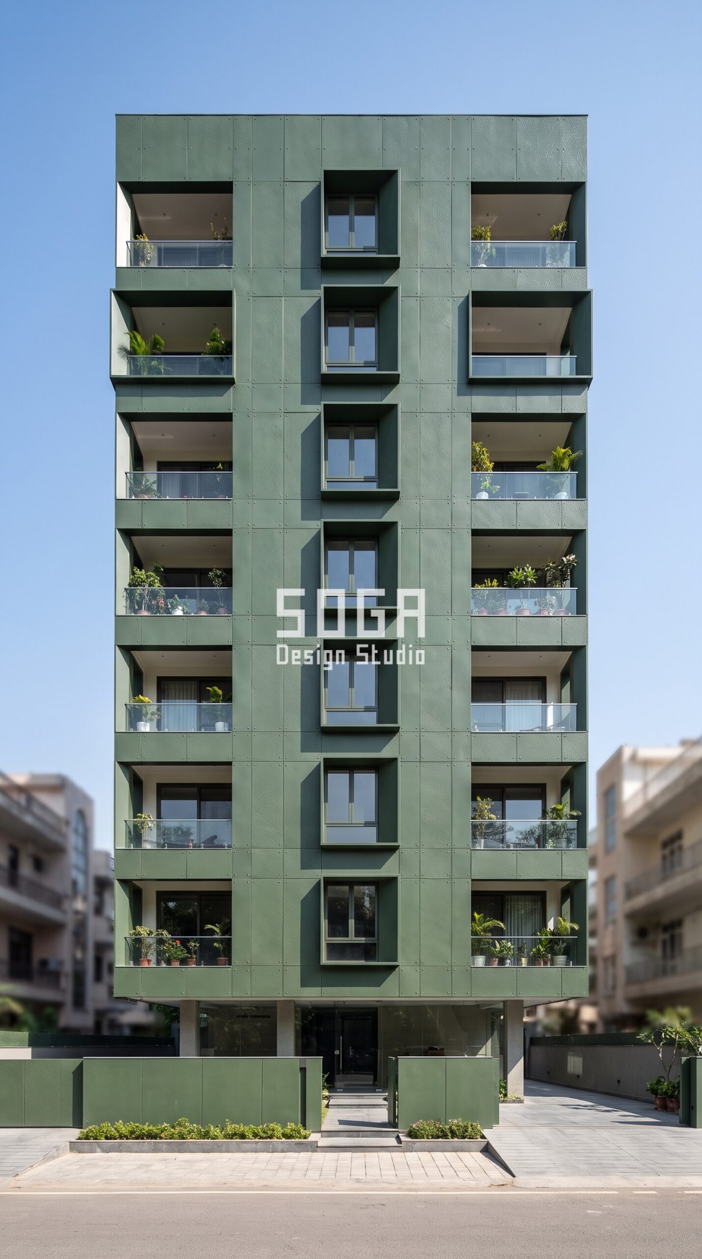 Compare Elevation Quotes India 2026: The 4 Numbers 3 Parametric Punch Peen ral 6005 moss green steel facade, South Extension, New Delhi - SOGA Design Studio
