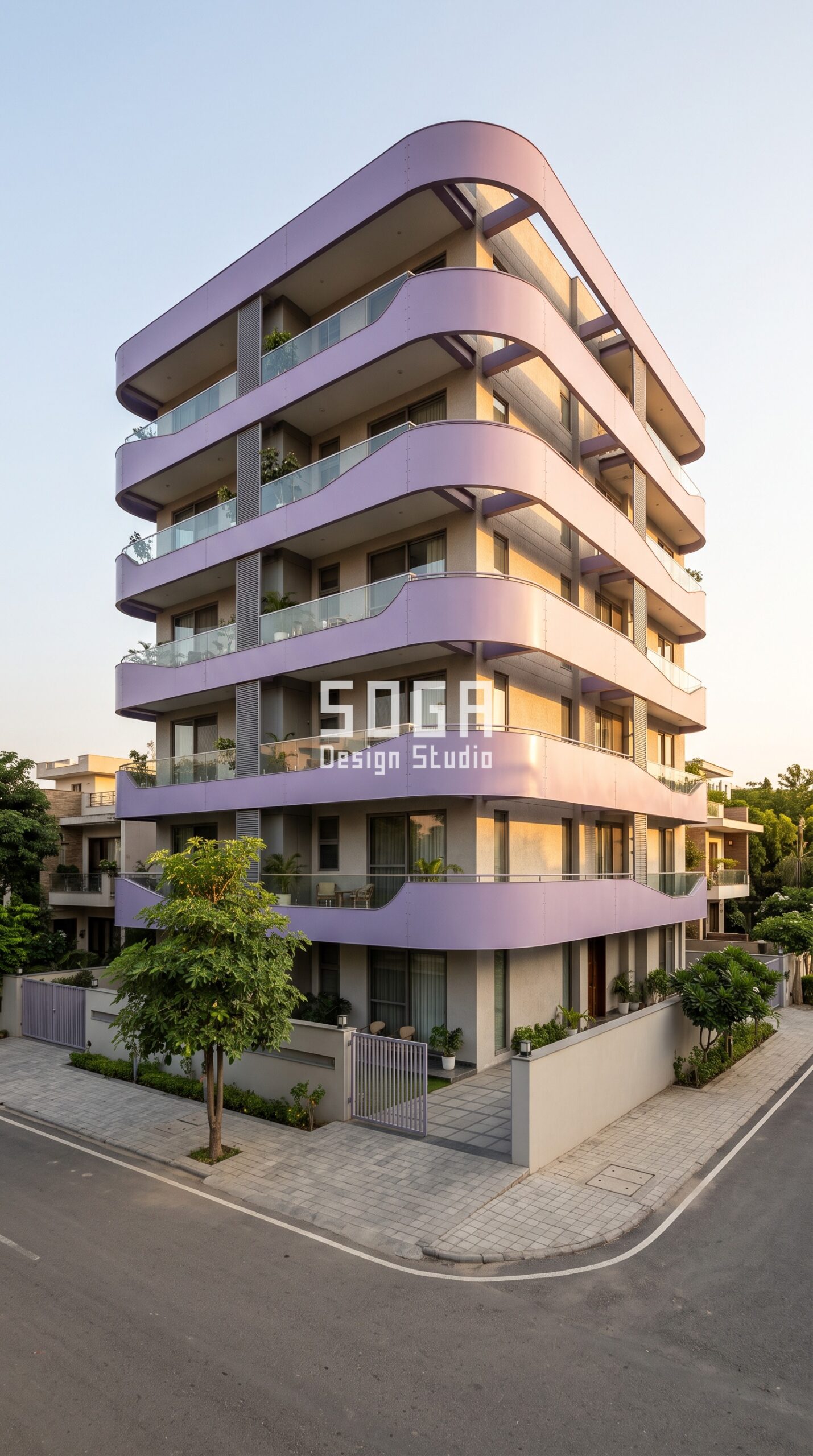 Compare Elevation Quotes India 2026: The 4 Numbers 4 Parametric Stringer Helix ral 4009 pastel violet steel facade, Gurugram - SOGA Design Studio