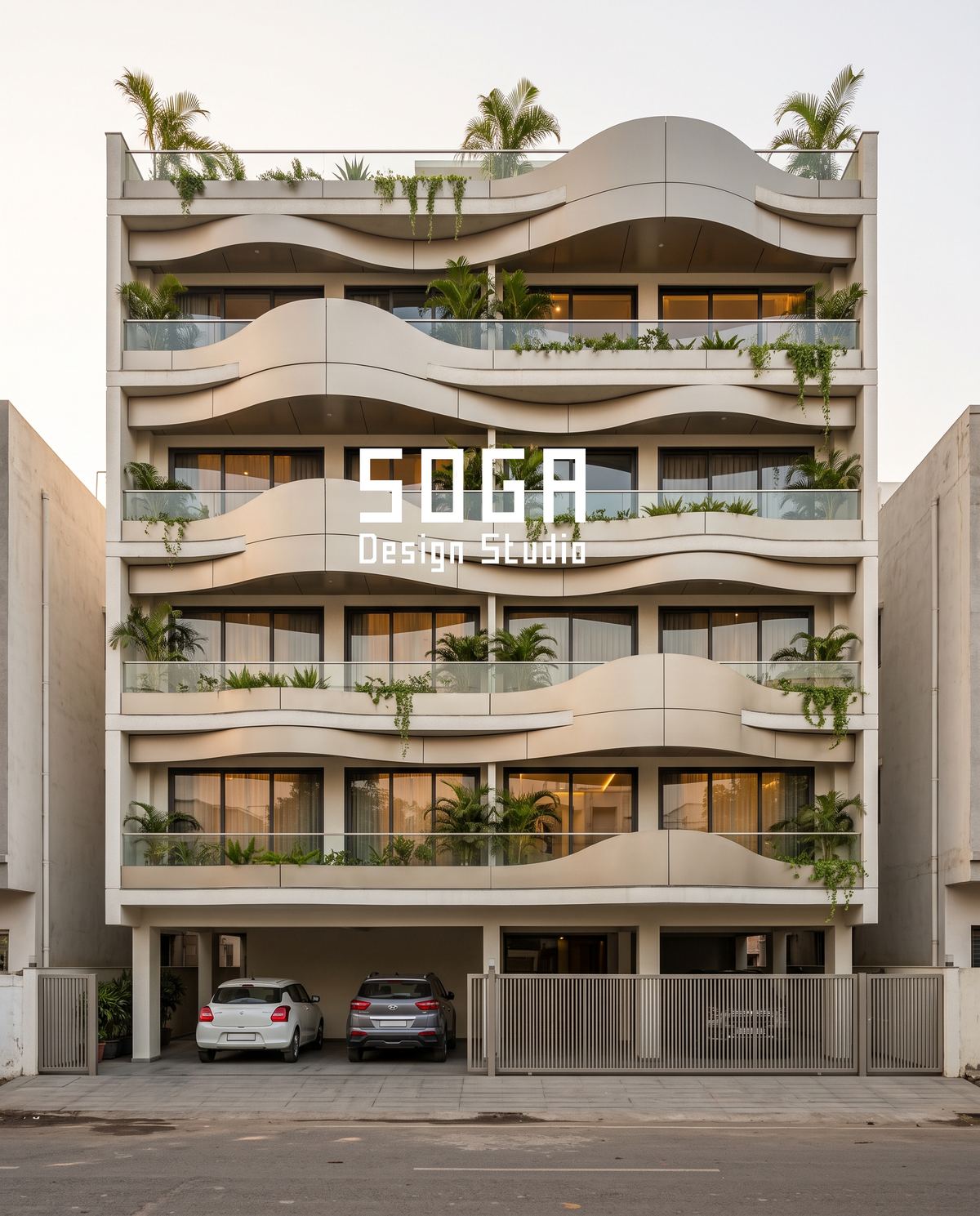 Pale wavy horizontal balcony bands across five floors, where every course joint must absorb RCC frame tolerance