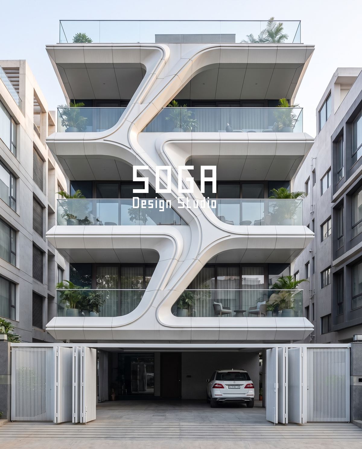 White sculptural S-curve ribbon linking three floors of an Indian house elevation, the hardest geometry to hold to tolerance