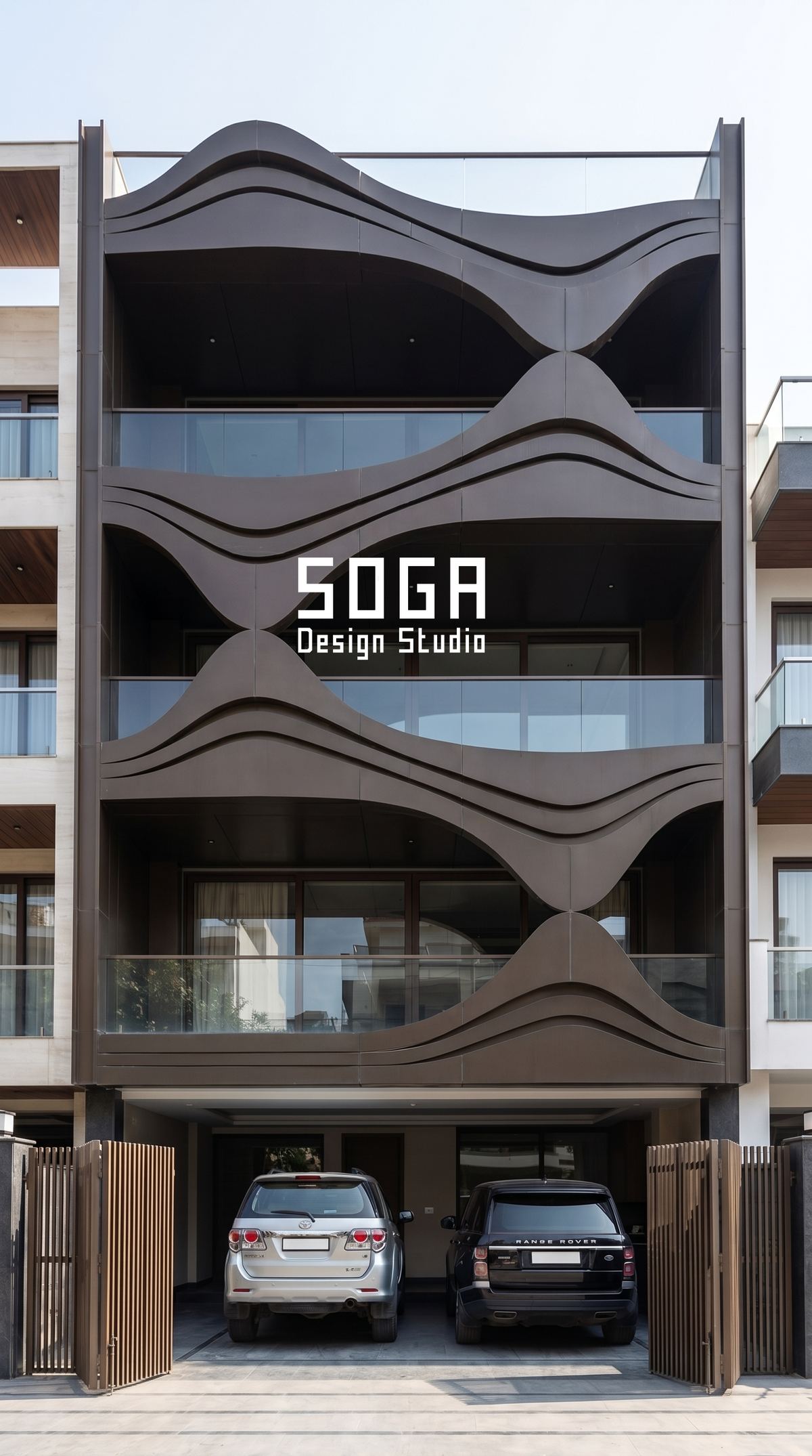 Dark wavy ribbon panels between floors of a G+3 house, the shadow gap sized to hide slab-level deviation