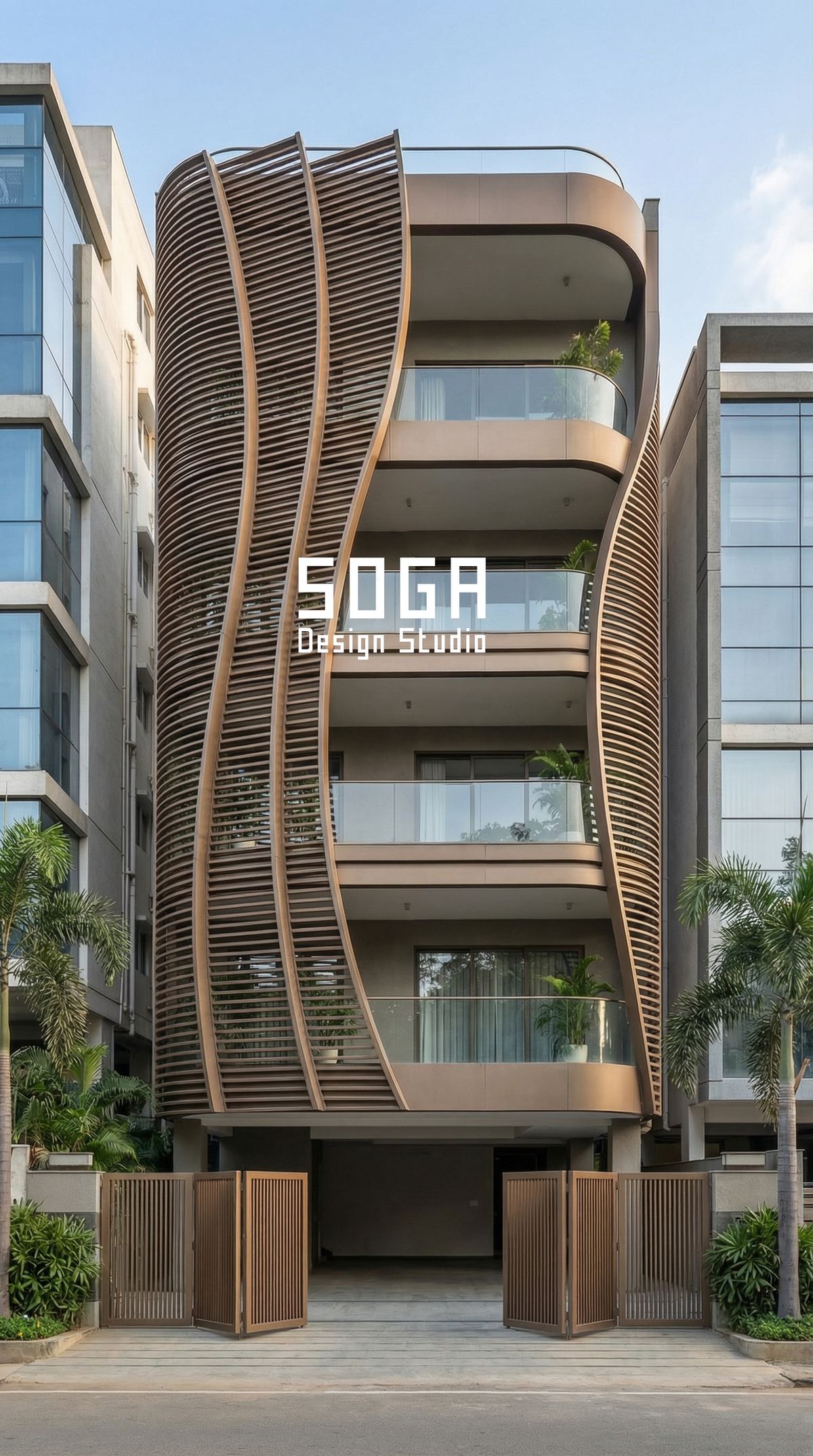 Curved vertical timber ribbons wrapping a rounded corner, where fabrication and installation tolerance stack at the return