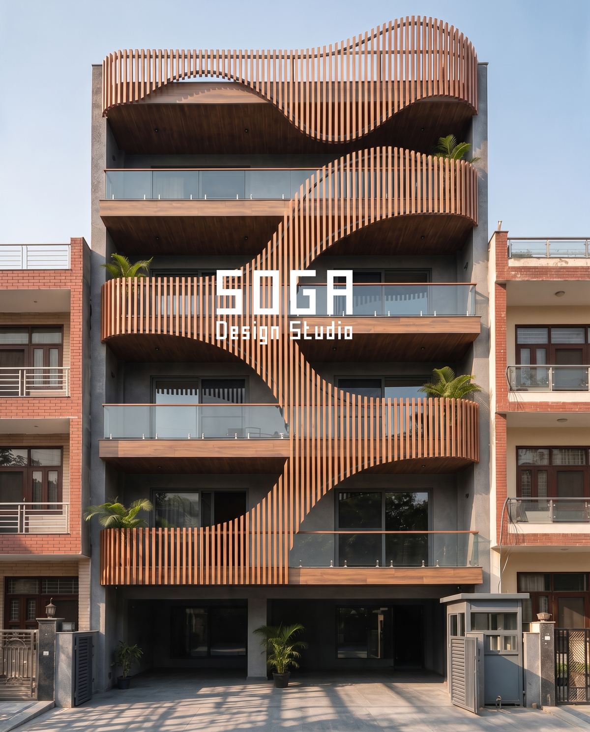 Terracotta and timber wave elevation with a slatted screen above, joints widened to take cumulative site tolerance
