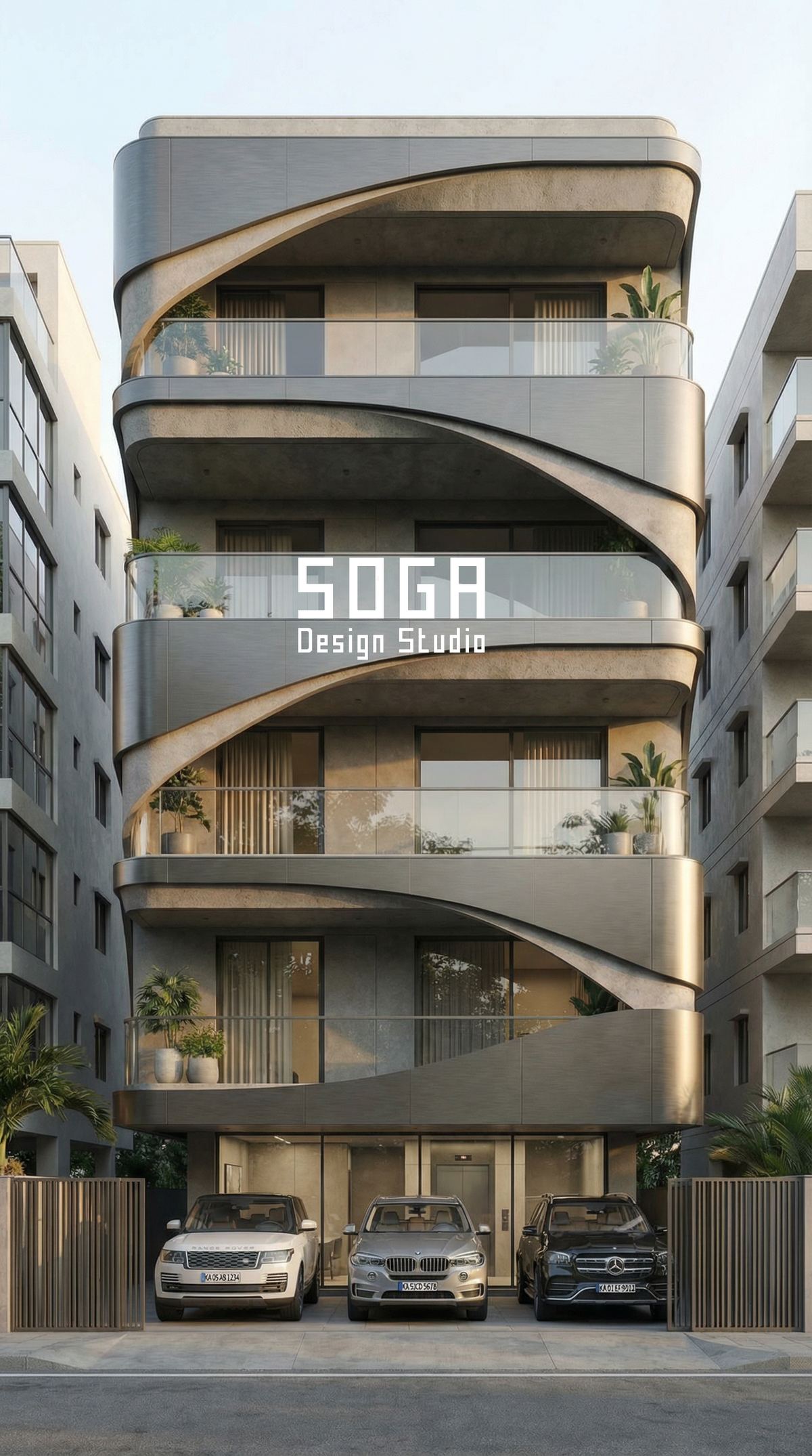Beige spiralling curved balcony bands wrapping the corner of a G+4 house, set out to a tolerance band rather than a single line