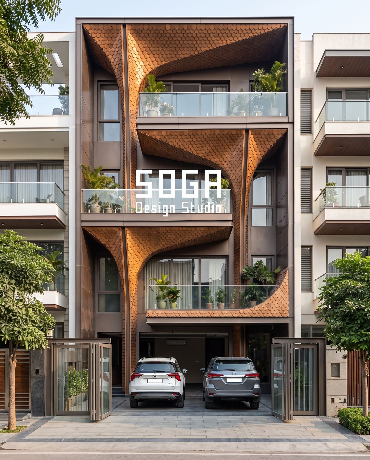 Perforated copper screen elevation with a large sweeping curved opening on a narrow-plot G+3 Indian house, set out from dimensioned elevation working drawings