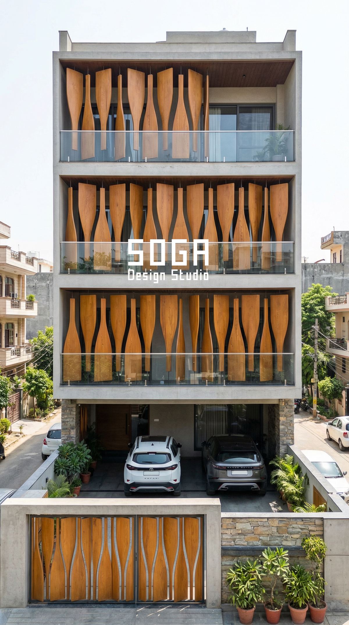 Tan timber leaf-shaped fins in three stacked balcony bands on an Indian house elevation, each fin a repeating unit on the shop drawing