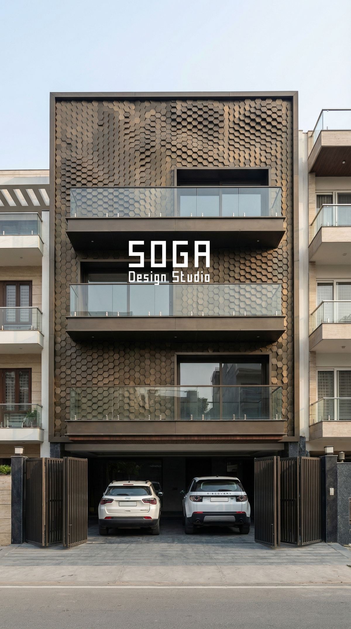 Dark bronze perforated screen cantilevered over an open stilt car porch, its panel grid dimensioned on the elevation working drawings