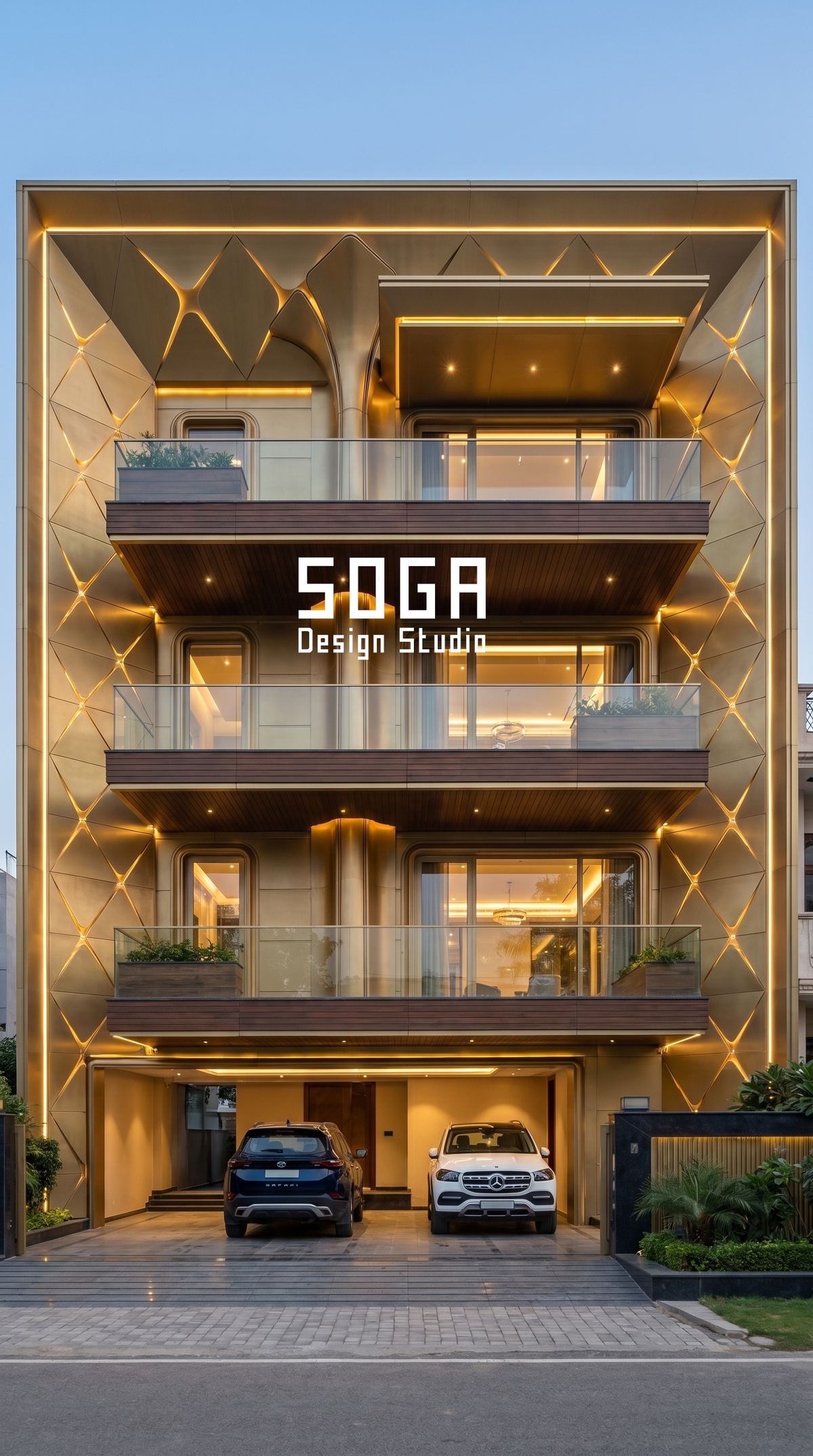 Gold diagrid lattice frame lit at dusk on a G+3 house elevation, a pattern that only builds correctly from a setting-out grid