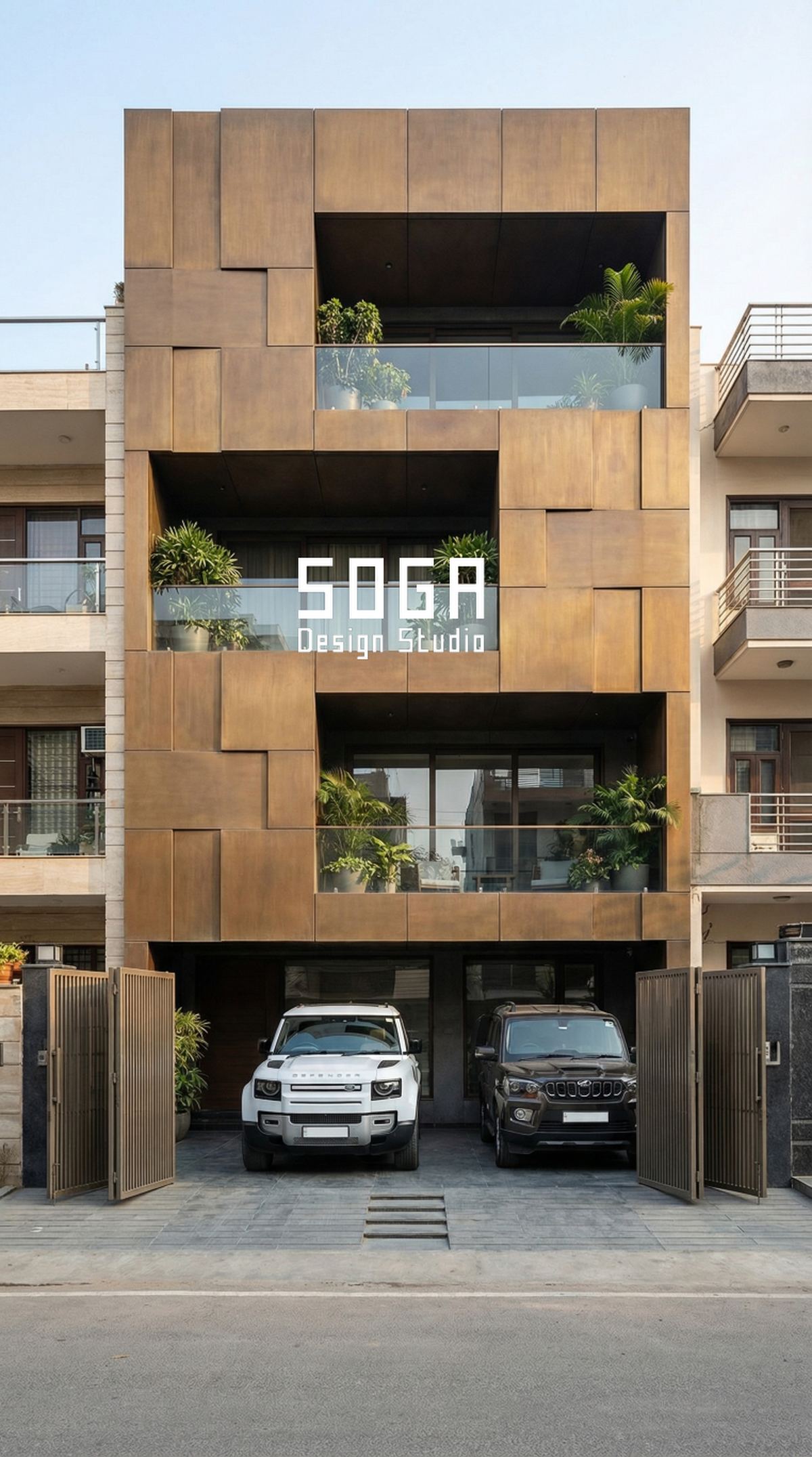 Corten cassette boxes staggered across a house elevation, each box carrying its own part number on the fabrication drawing