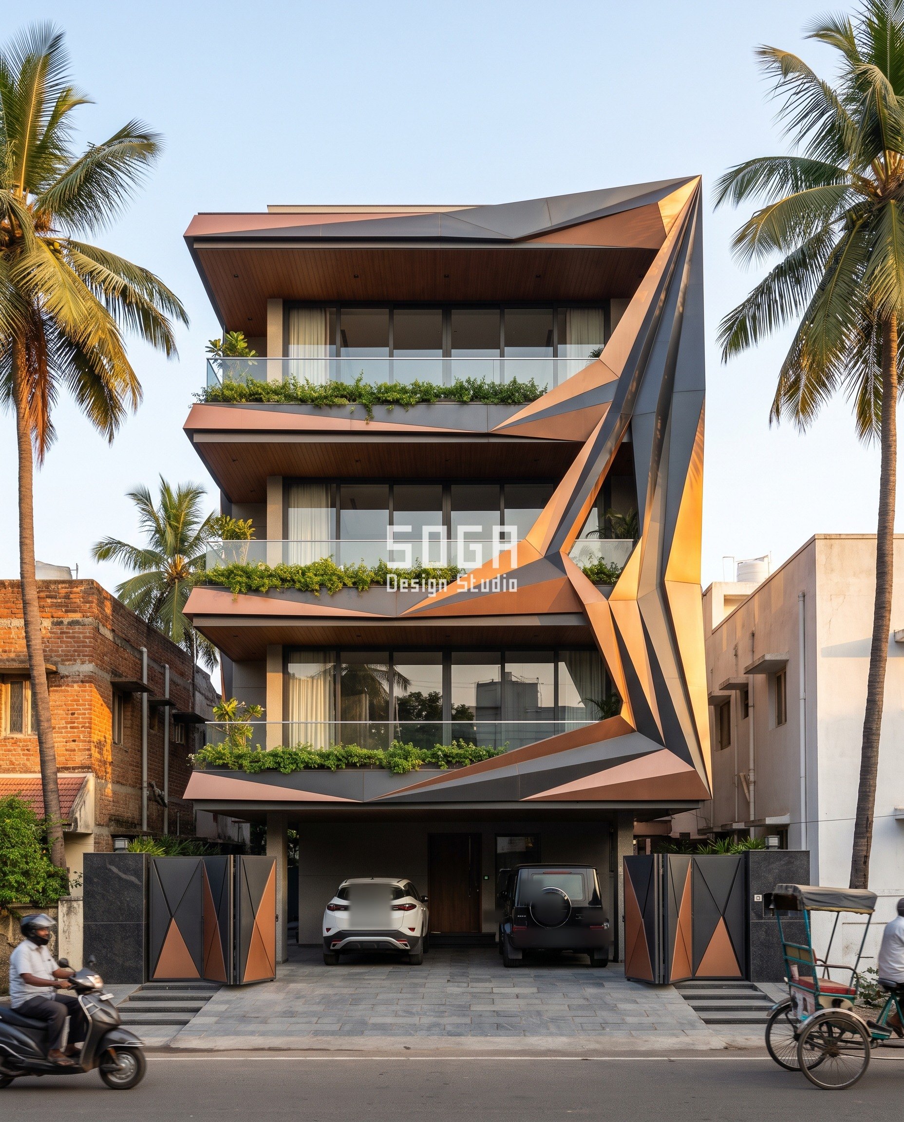 Make a House Elevation Look Expensive: Every Gap to 2 mm 3 Premium house elevation design in Chennai at golden hour: a charcoal and copper folded-plate skin whose facets tilt from 4 to 21 degrees as it wraps the corner of a G+3 builder floor, planters on every slab edge
