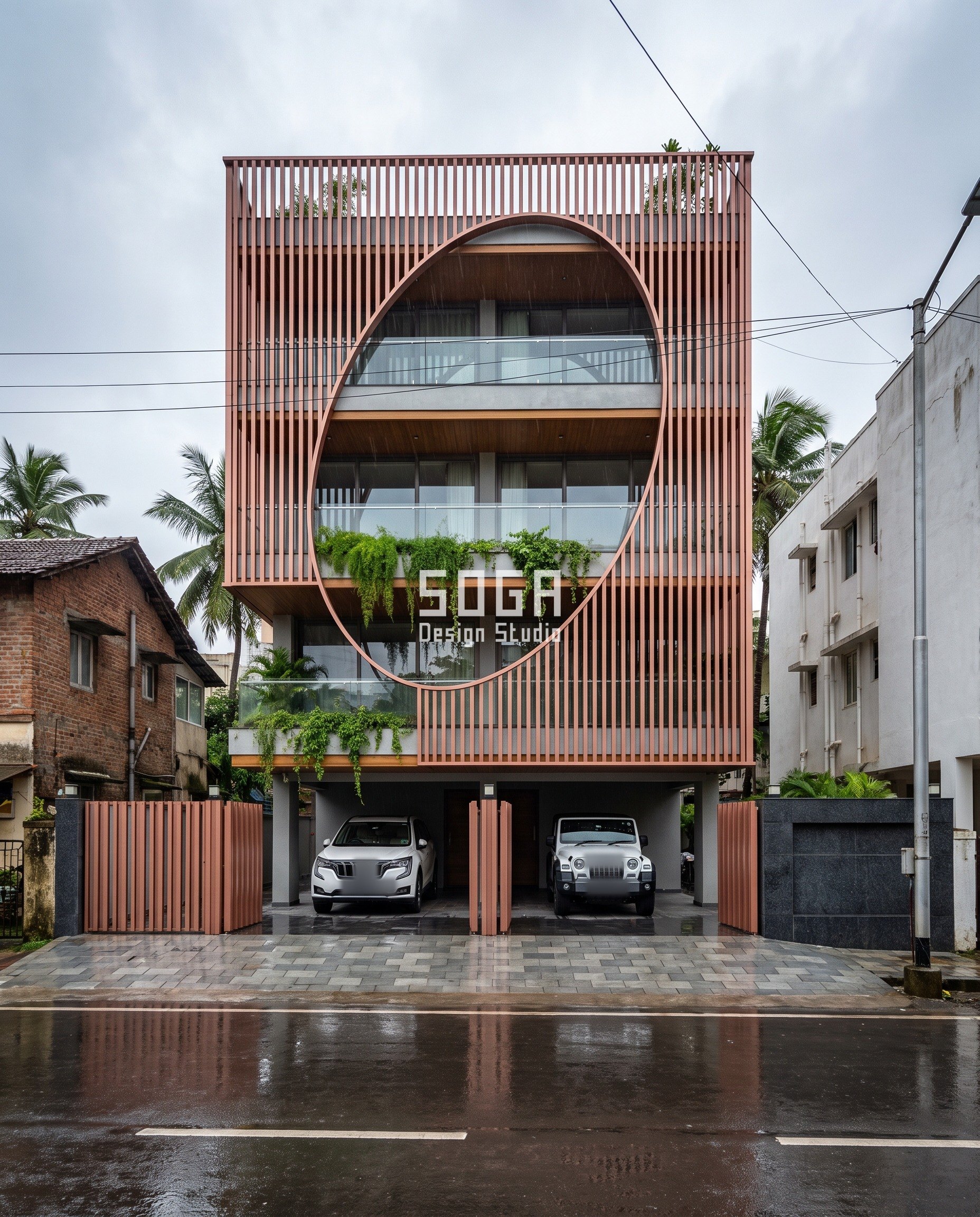House elevation that looks expensive in Mumbai: a G+3 Bandra builder floor wrapped in a rose-copper aluminium louvre screen with an 8.5 m oval cut clean through it, every louvre held at one pitch on a wet monsoon street