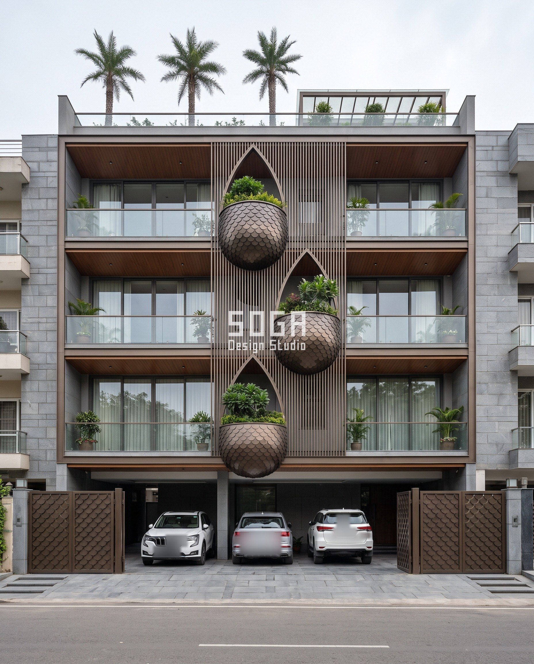 Make a House Elevation Look Expensive: Every Gap to 2 mm 4 Rich look front elevation in Lucknow: grey stone-clad G+3 builder floor with a central vertical fin panel carrying three dark-bronze fish-scale planter pods hung left, right, left, each pod holding its own small garden