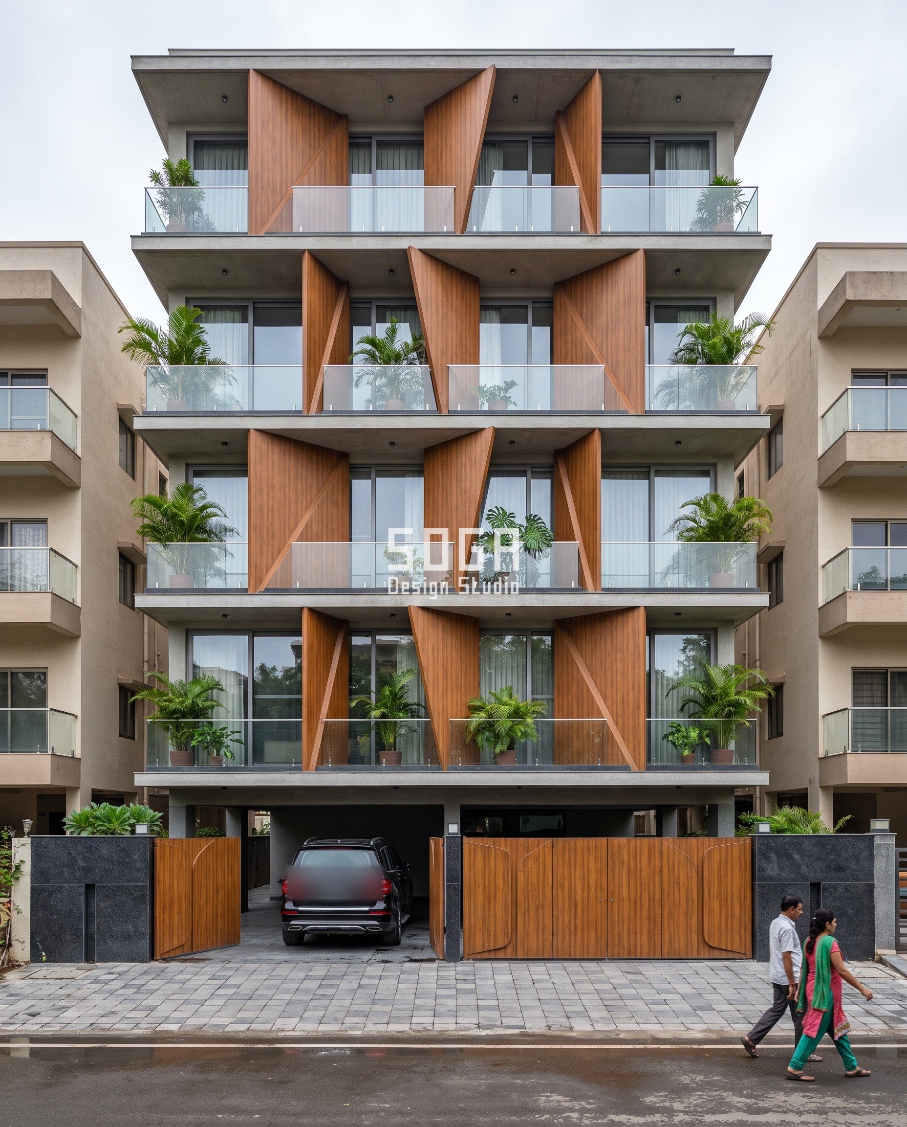 Make a House Elevation Look Expensive: Every Gap to 2 mm 5 House elevation that looks expensive in Ahmedabad: deep triangular teak wood-finish aluminium blades between the glass bays, flipping their angle floor by floor over matching teak-finish gates on a calm overcast street