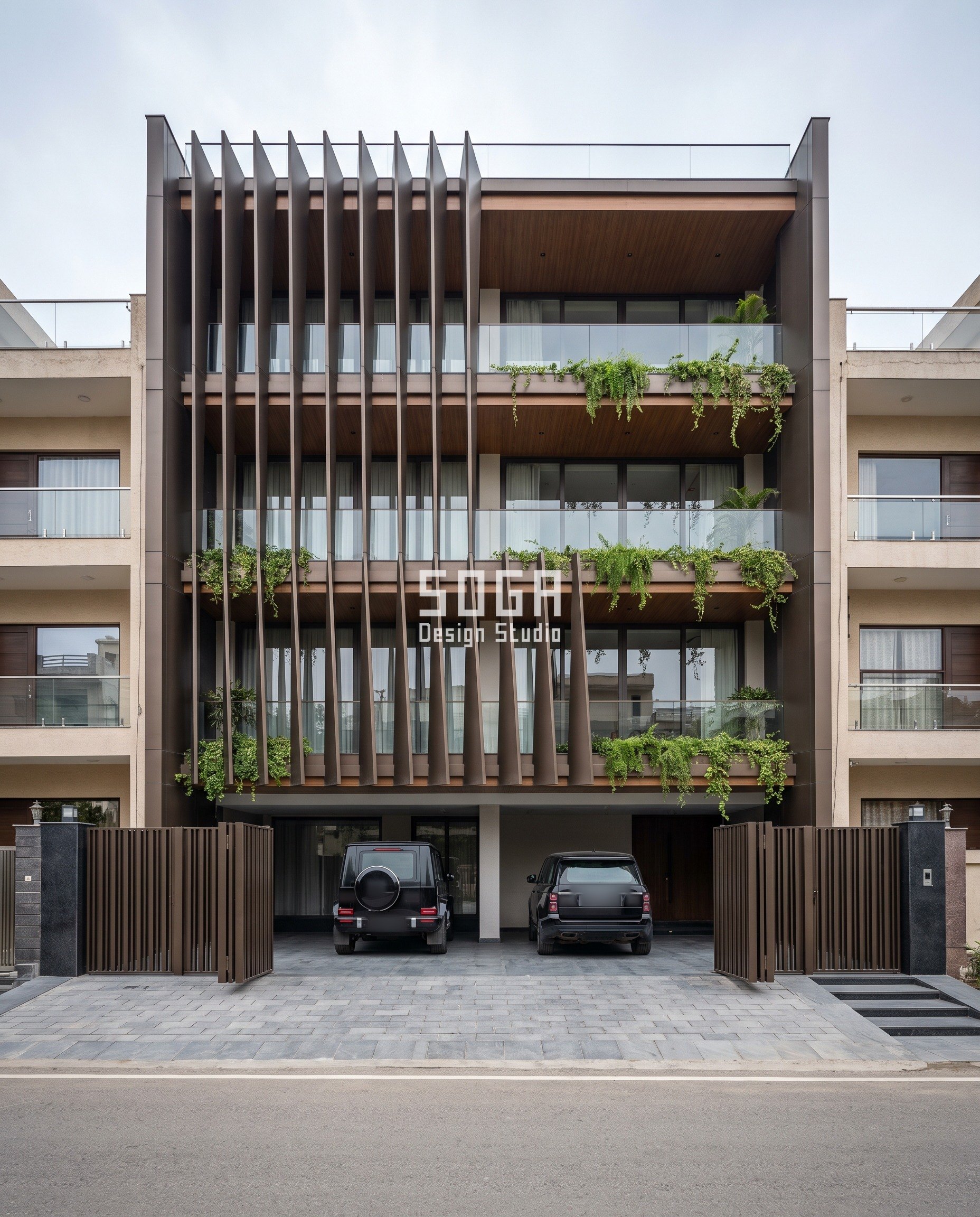Make a House Elevation Look Expensive: Every Gap to 2 mm 2 Expensive looking house elevation in Gurugram: eleven dark-bronze aluminium blade fins at one even pitch across a G+3 builder floor, each blade deep at the base and tapering to a knife edge at the parapet, over matching bronze fin gates