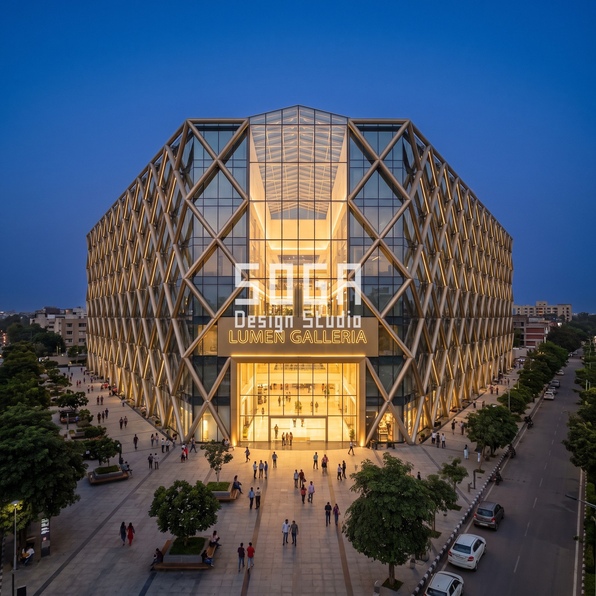 Exposed Structure Facade India: 5 Concepts, 1-2 mm Joints 3 Lumen Galleria concept in Chandigarh at blue hour: champagne-gold diagrid of 6 x 12 m diamonds over glass rising into a lantern atrium on a 200 m, six-storey mega mall
