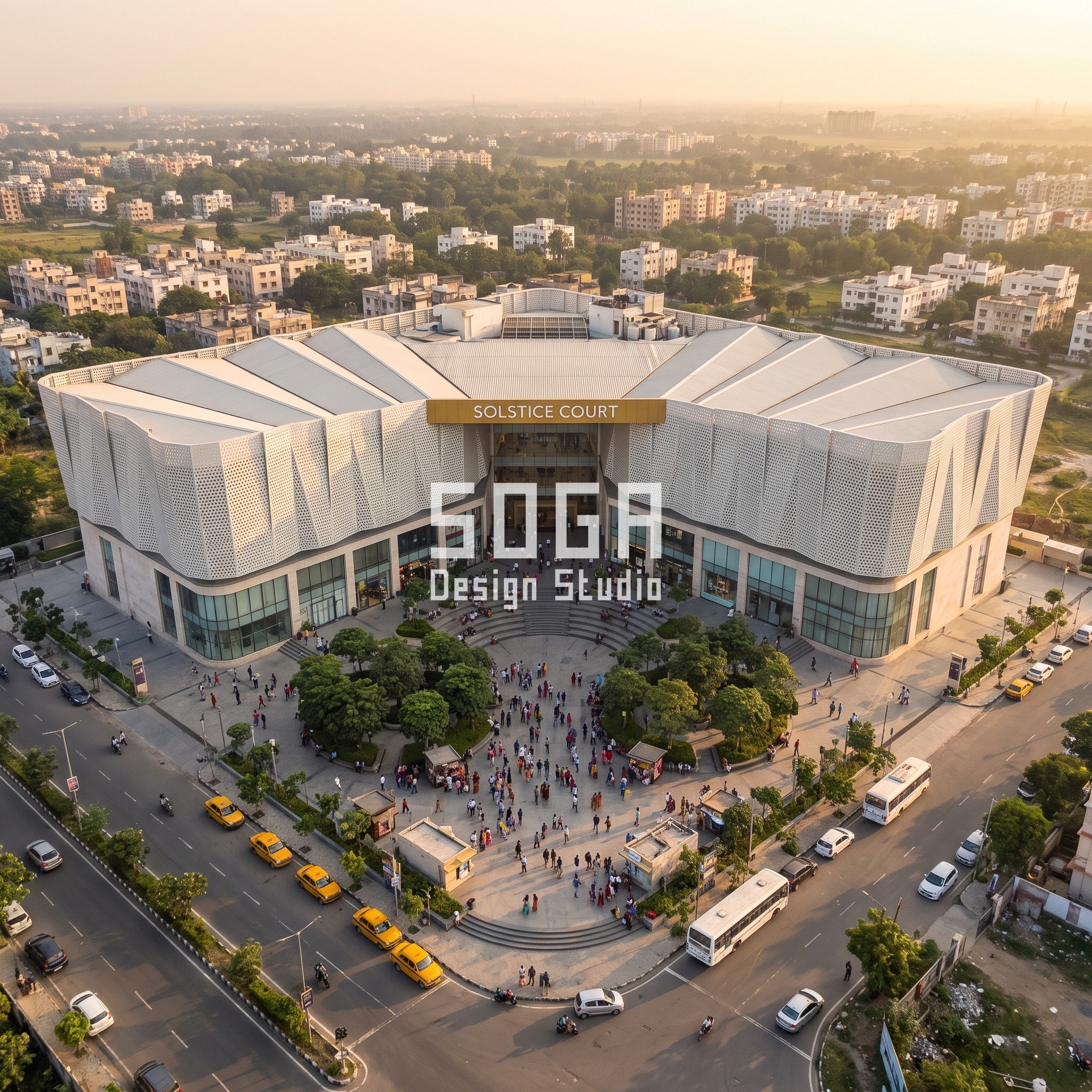 Exposed Structure Facade India: 5 Concepts, 1-2 mm Joints 2 Solstice Court concept in Kolkata (New Town): one folded pearl-white plane with 300 mm to 400 mm round holes ramping from four storeys to one over a triangular courtyard mall, seen from a drone