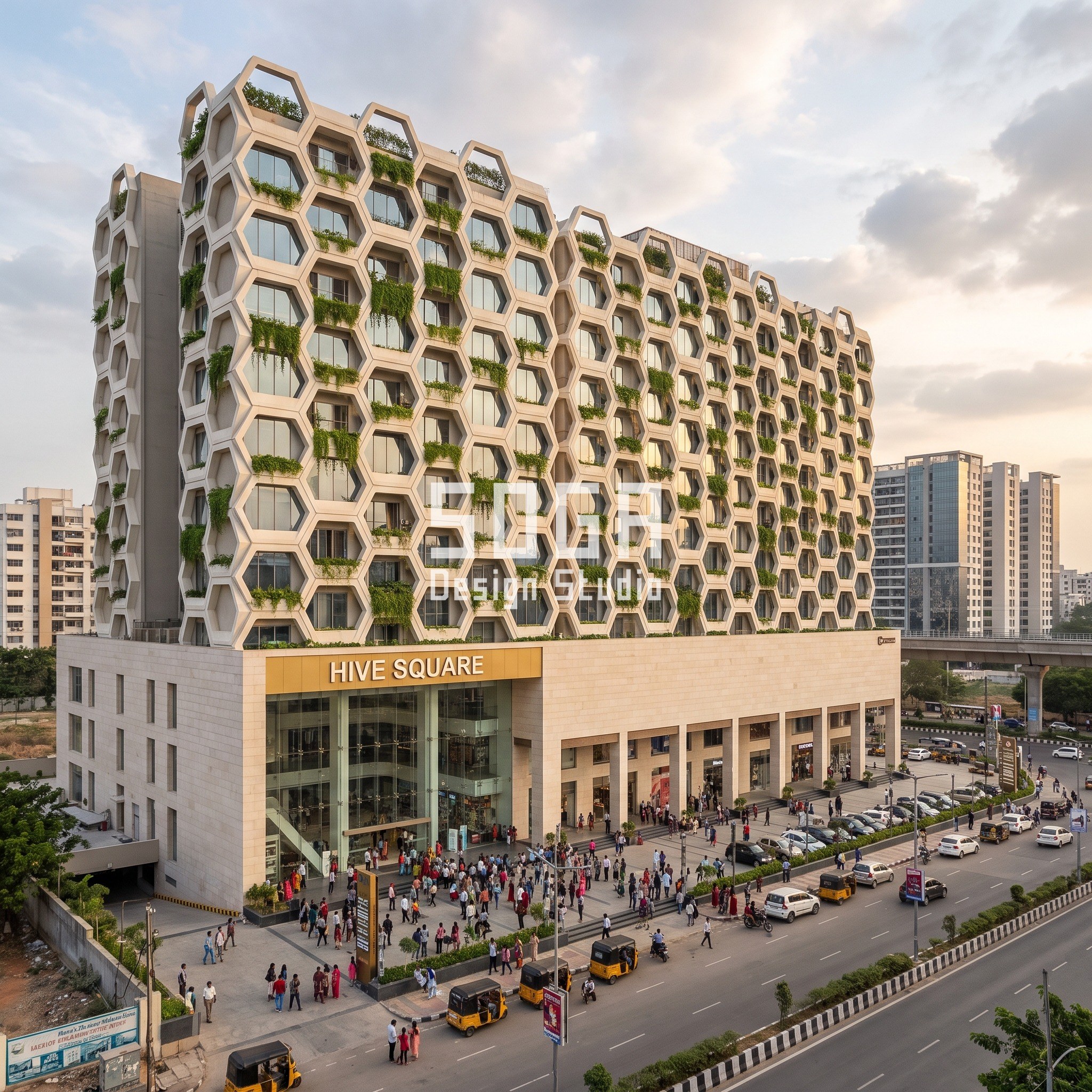 Exposed Structure Facade India: 5 Concepts, 1-2 mm Joints 1 Hive Square concept in Hyderabad (HITEC City): white GRC honeycomb of 1.8 m hexagonal cells, alternate cells planted, on the 12-storey block above a five-storey mall podium