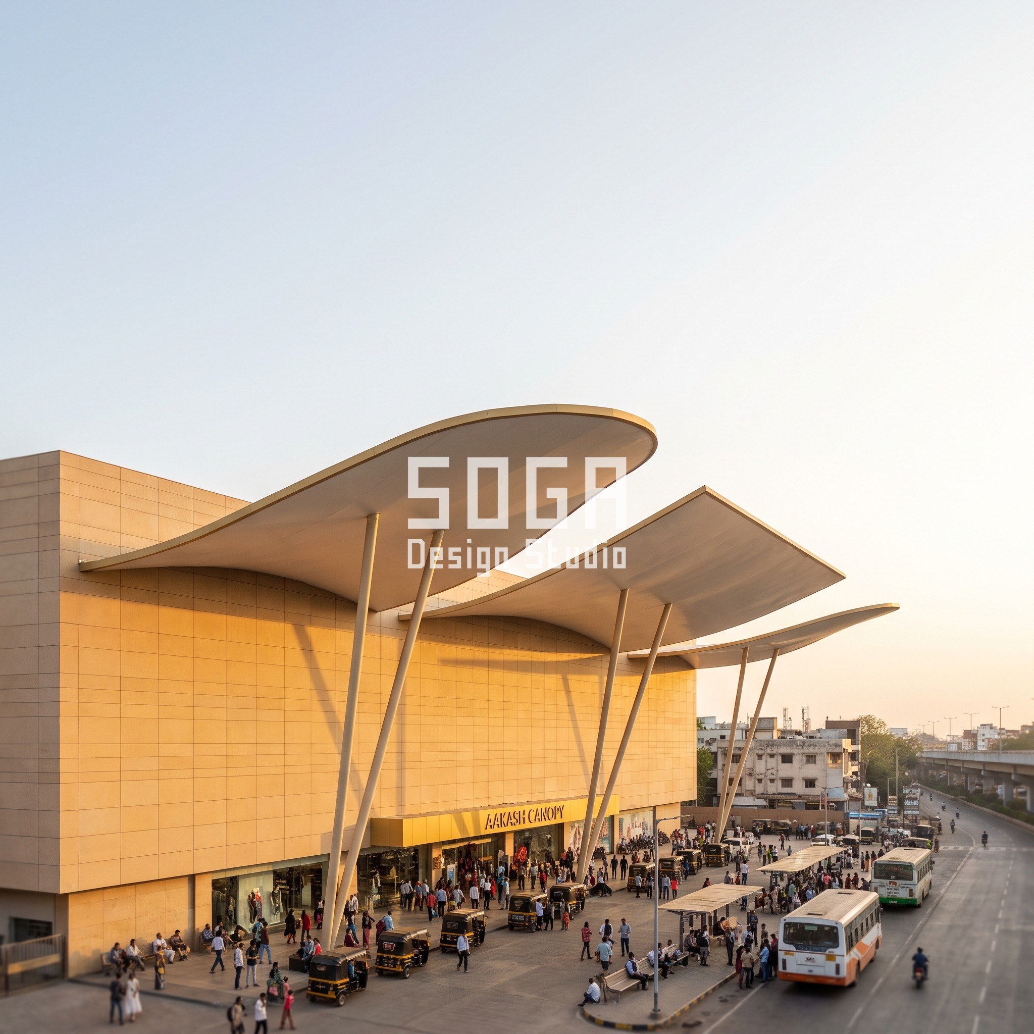 Exposed Structure Facade India: 5 Concepts, 1-2 mm Joints 5 Aakash Canopy concept in Nagpur at golden hour: three white ribbon canopies cantilevering about 18 m over a forecourt on two raking columns in front of a sandstone-tone mall box