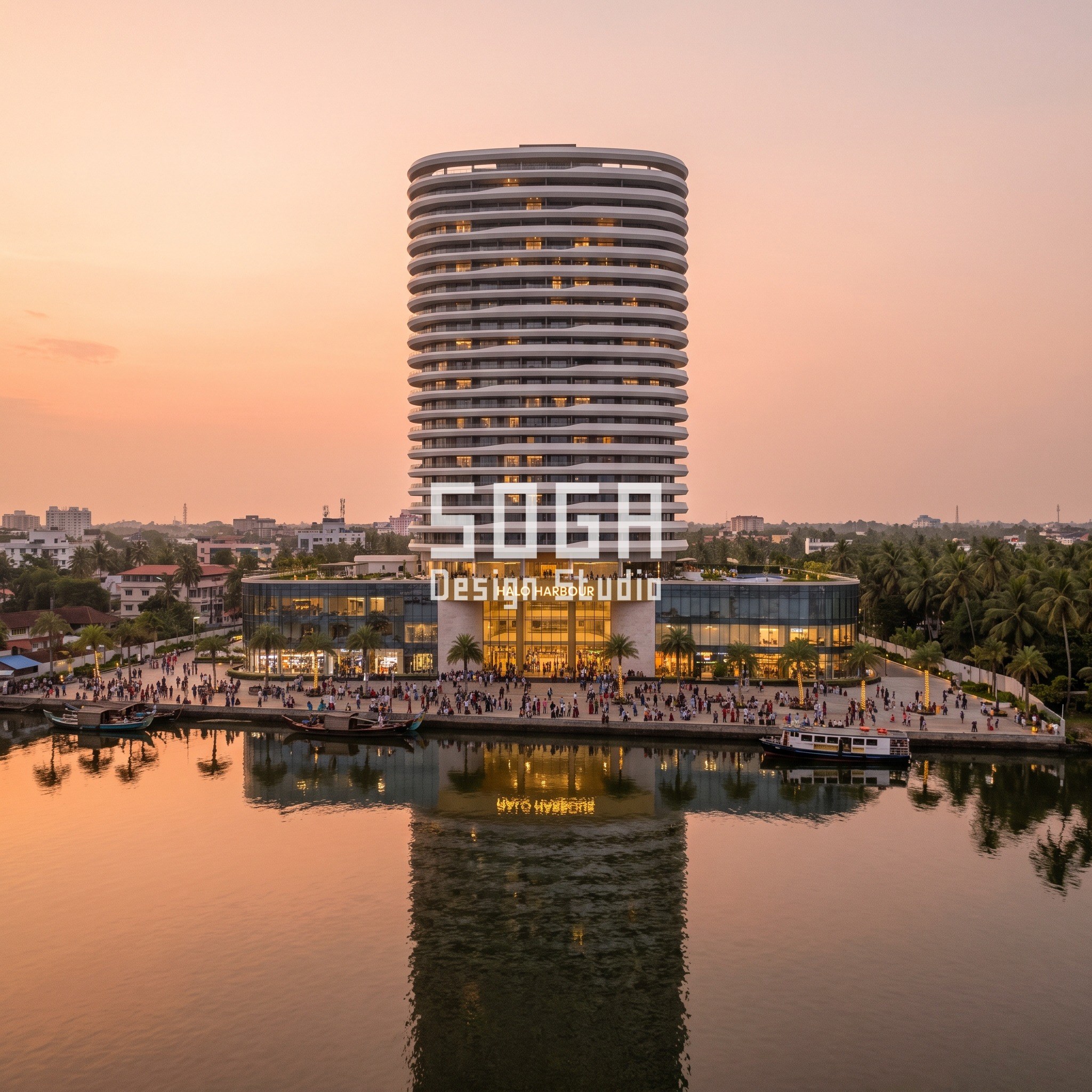 Exposed Structure Facade India: 5 Concepts, 1-2 mm Joints 4 Halo Harbour concept in Kochi at dusk: a 24-storey tower of stacked stadium-shaped rings with 900 mm pearl-white fascia bands above a mall podium on the backwaters