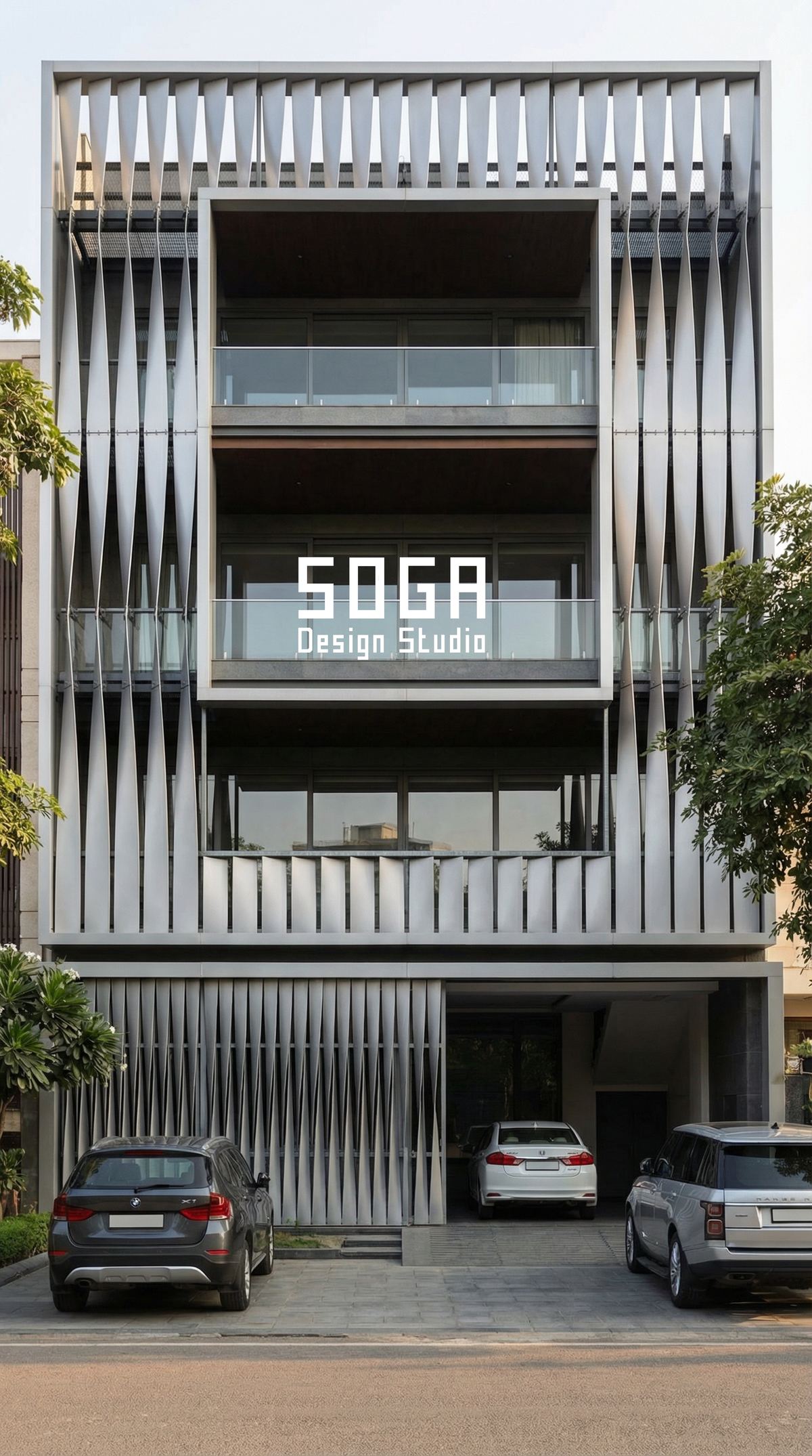 White vertical fins across a G+3 facade, a system whose deliverables and revision rounds belong in a written scope