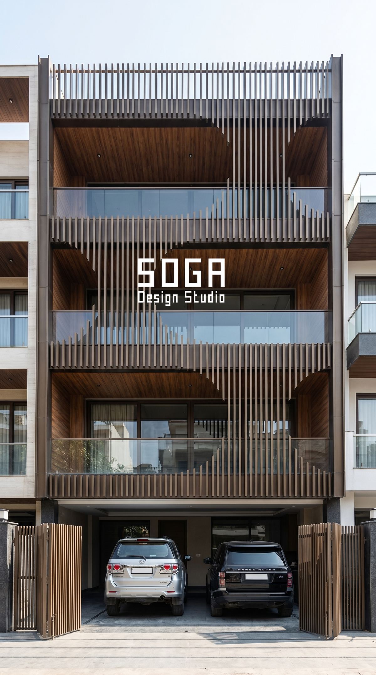 Timber slats and fins on an Indian house elevation, where drawing ownership and reuse rights matter after handover