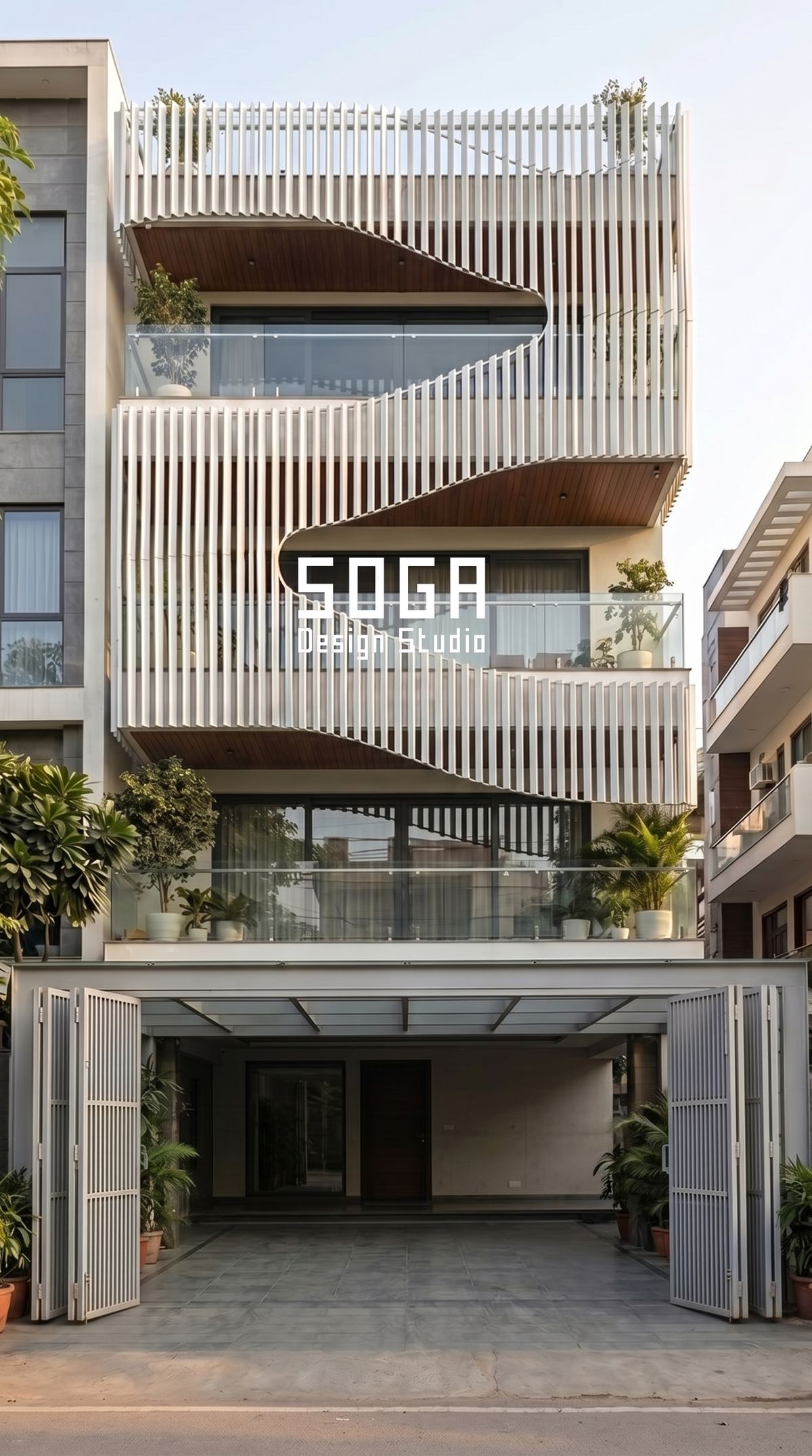 White ribbon fins across a house frontage, a facade whose shop-drawing review cycles should be priced in the agreement