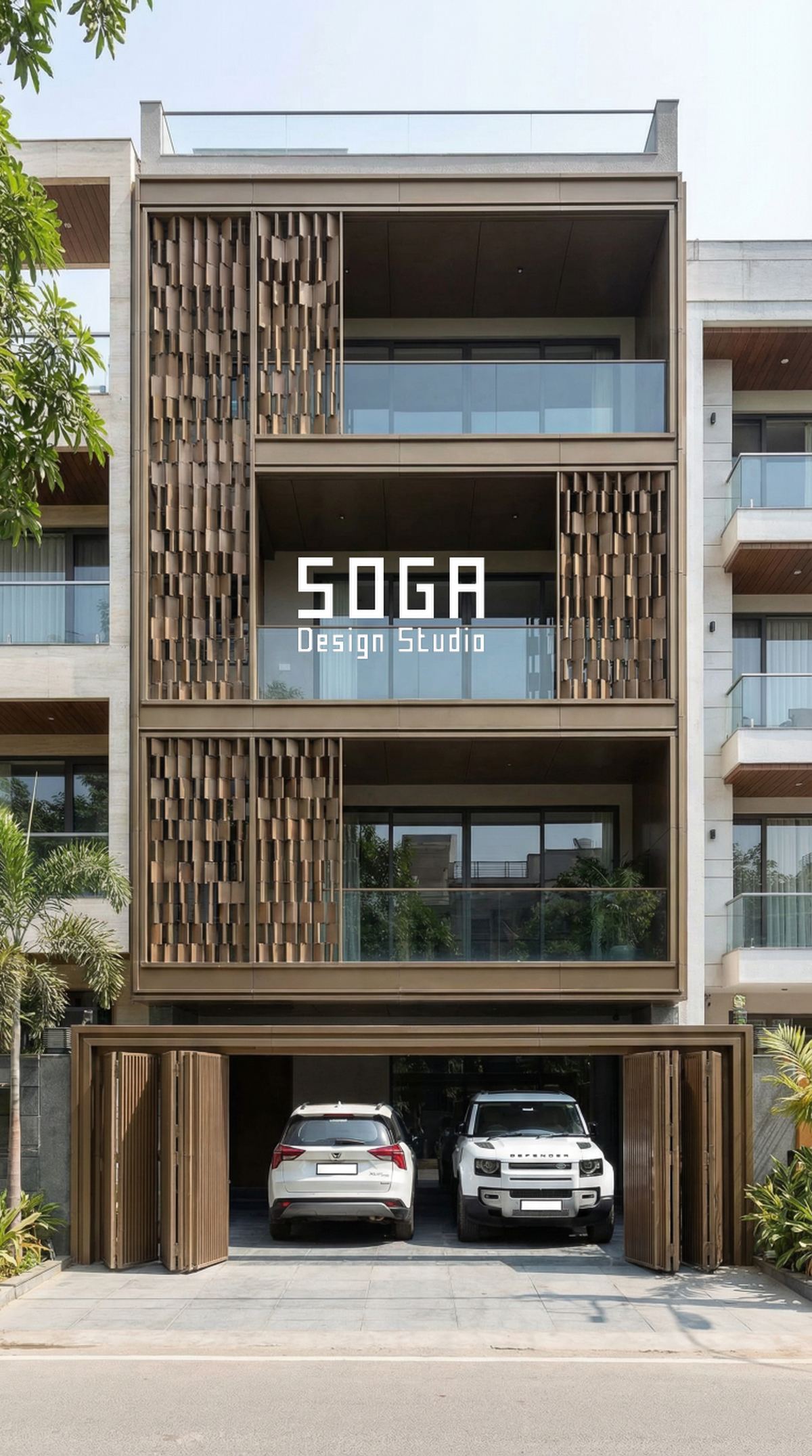 A mixed timber screen on a narrow-plot Indian elevation, illustrating deliverables a facade design contract must name