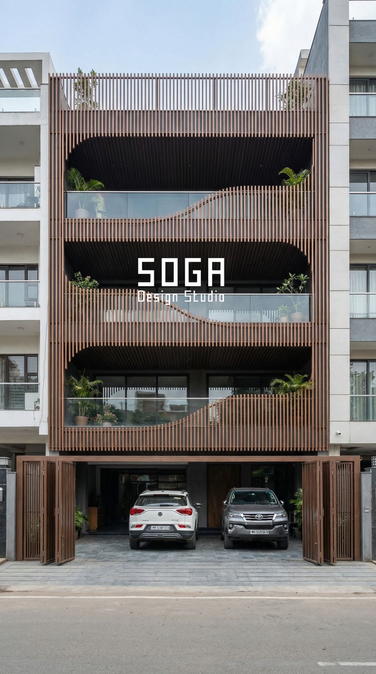 Timber curved bands over an open stilt, a completed elevation of the kind a design agreement is written to protect