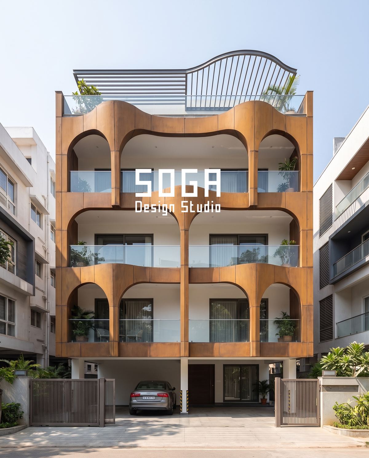 How To Compare Two Facade Design Proposals In India 1 Arched terracotta bays on a G+3 Indian house elevation, the kind of repeated module a fixed per-sq-ft design fee is quoted against