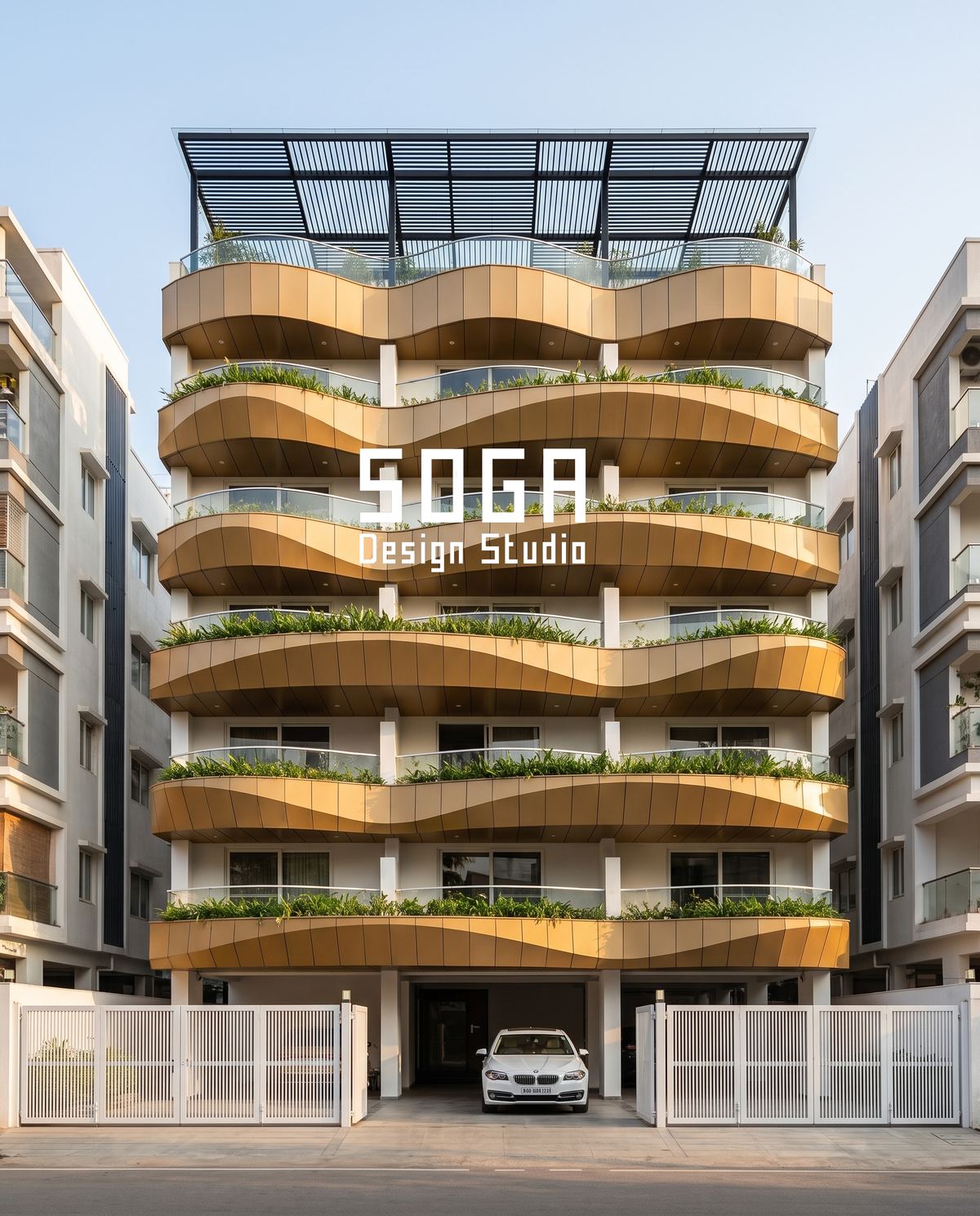 How To Compare Two Facade Design Proposals In India 2 Timber balcony bands wrapping a G+4 residence, a facade whose design fee scales with elevation area rather than plot size
