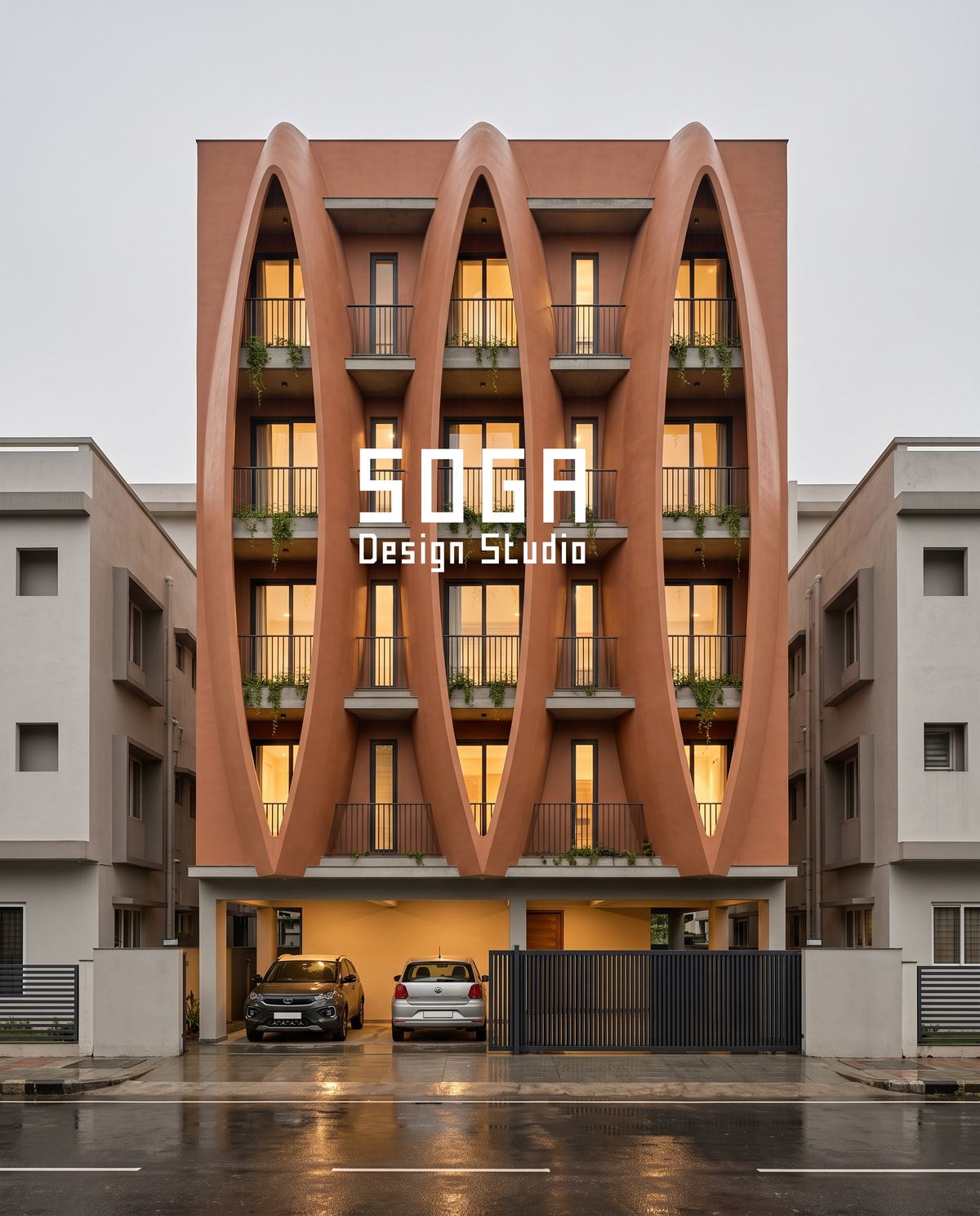How To Compare Two Facade Design Proposals In India 3 Peach lens-shaped arches across an Indian house frontage, a bespoke profile that moves a design fee to the top of its band