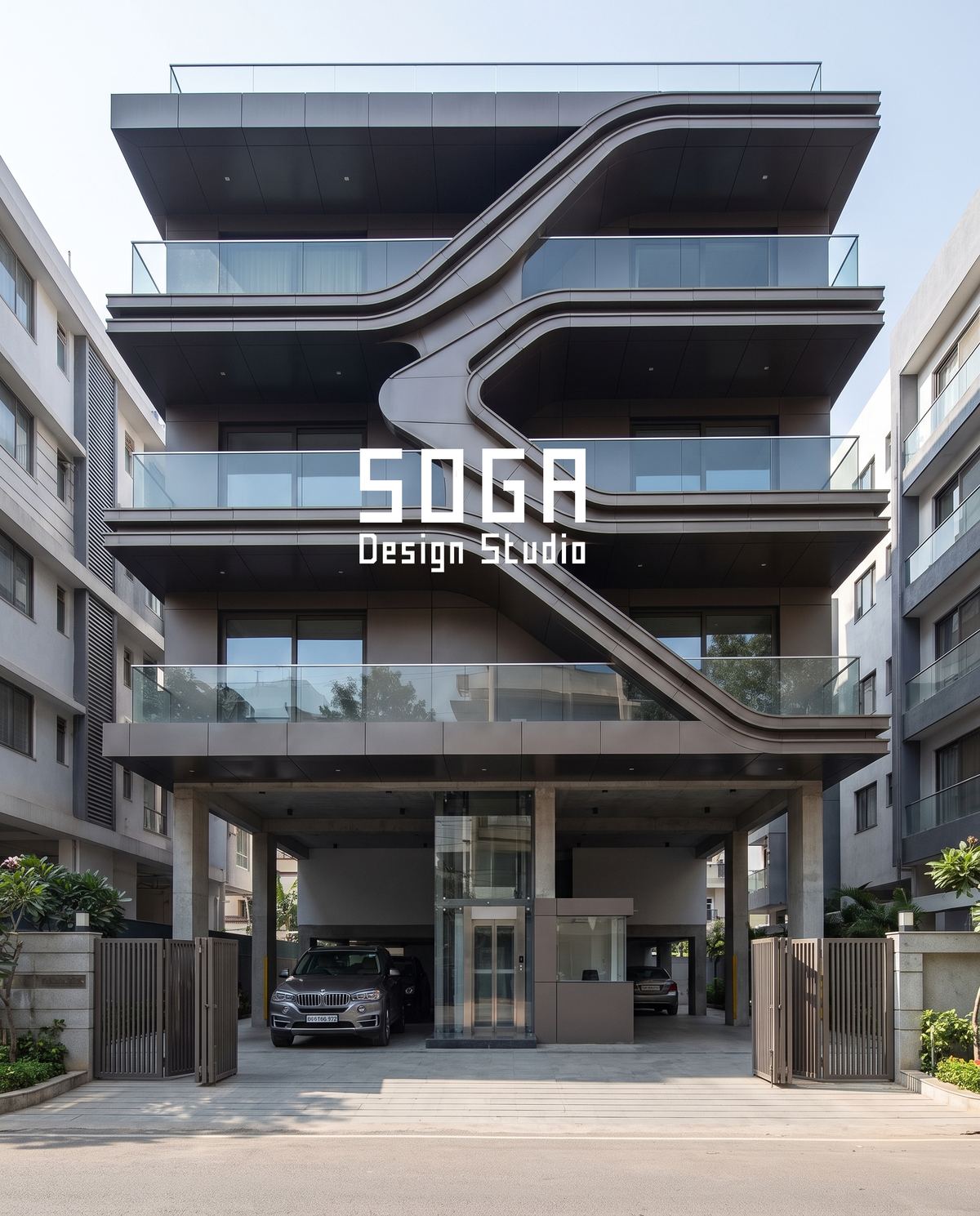 How To Compare Two Facade Design Proposals In India 4 A dark curved ribbon facade on a narrow-plot house, geometry that adds drawing hours and therefore fee