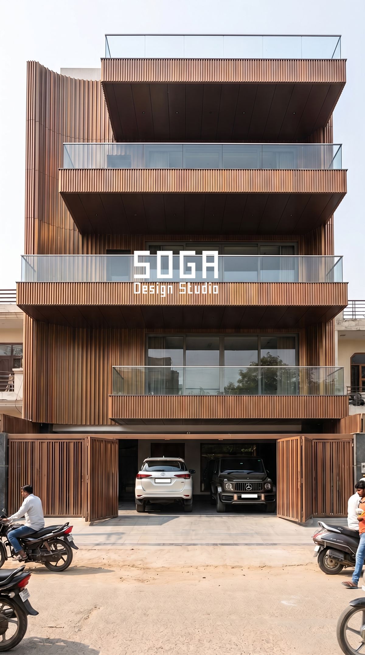 How To Compare Two Facade Design Proposals In India 5 Stacked timber cassettes on a G+3 elevation, a rationalised system that keeps design fees at the lower end