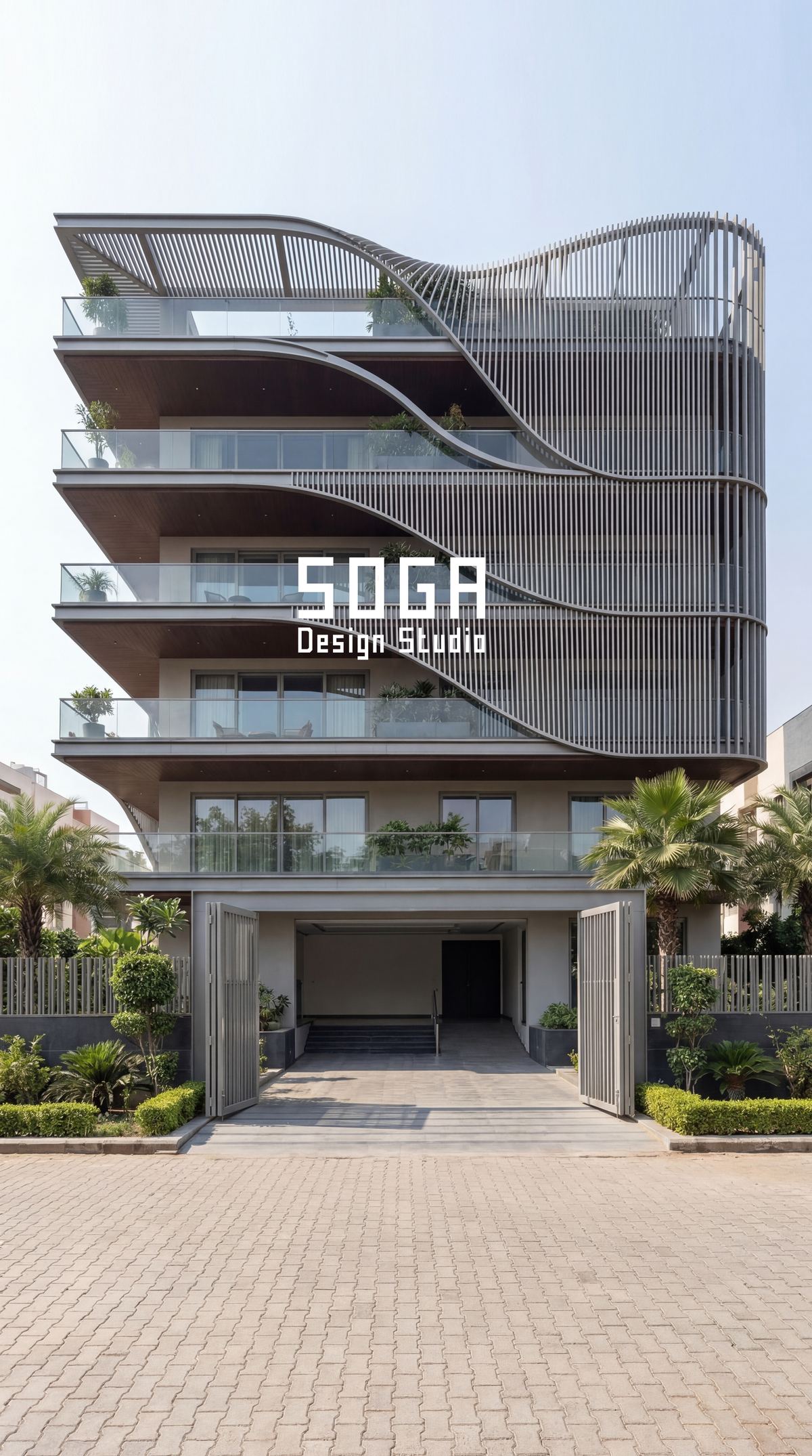 A wide upscale forecourt and curved balcony bands, showing how facade design is set by the plot and the frame rather than by the designer's location