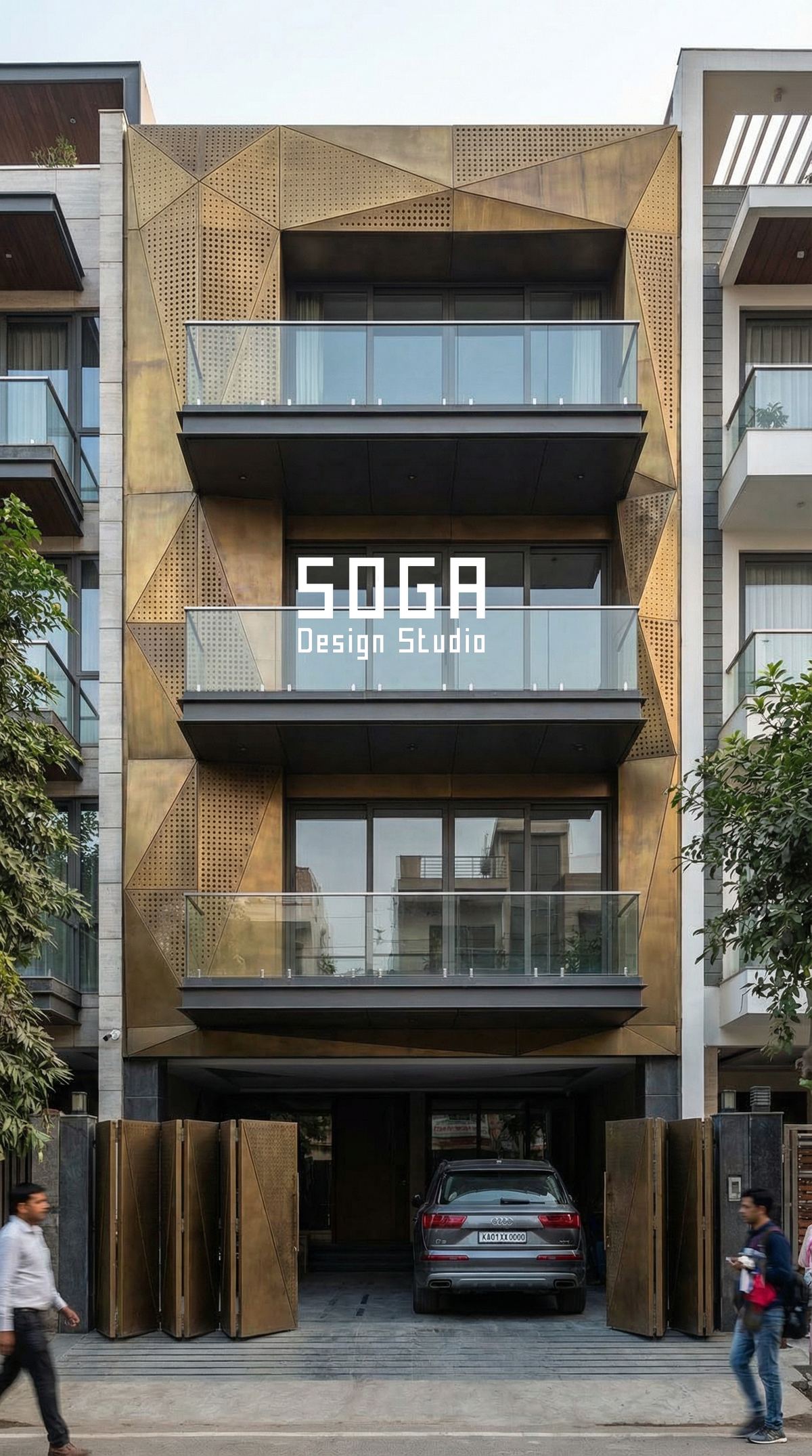 A house elevation on a busy Indian residential street, where the local fabricator installs and the designer documents from anywhere