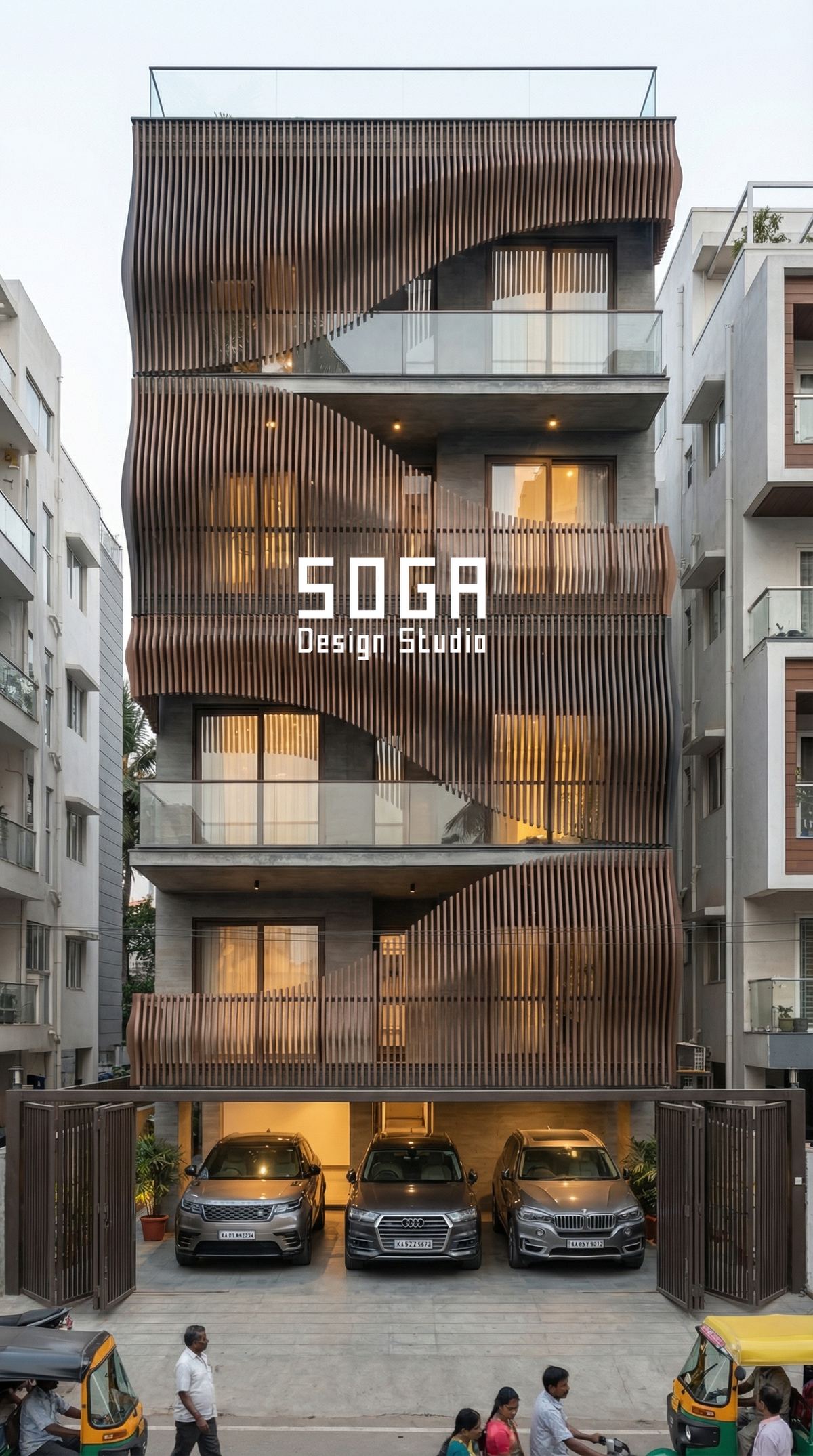 A slatted timber facade on a dense Indian street with autos and pedestrians, a typical context for remote-designed elevation work