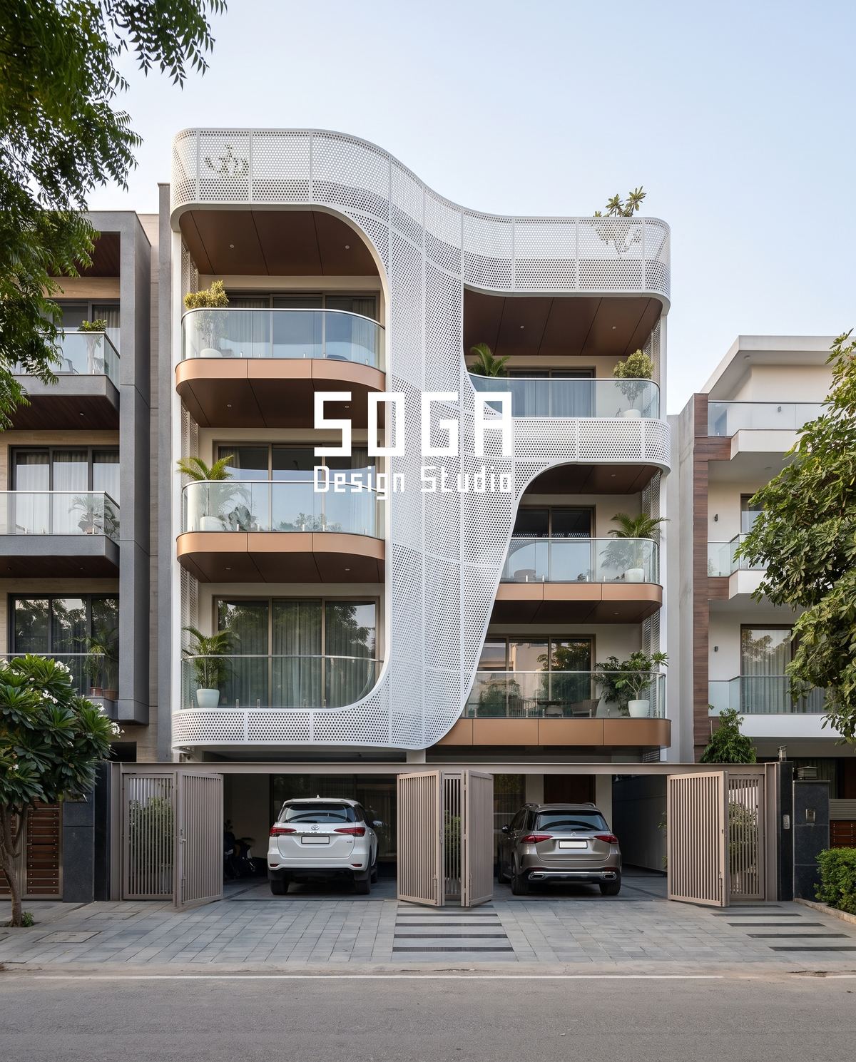 A white curved facade on a wide residential street, illustrating that facade designers are chosen for method, not distance