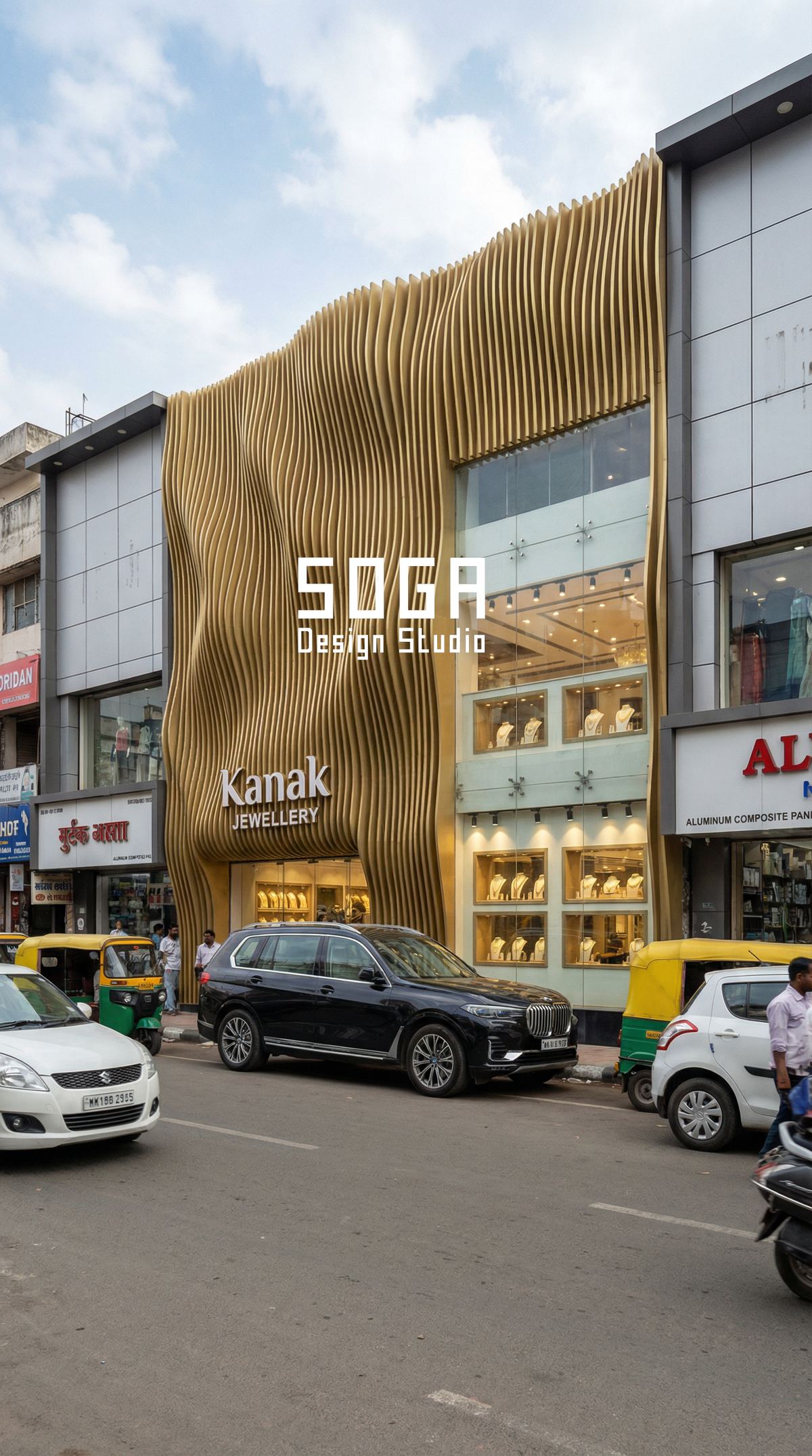 How To Choose A Facade Fabricator: 9 Red Flags To Watch 2 Vertical metal fins on a commercial frontage in India, fabricated and installed by a local contractor from issued drawings
