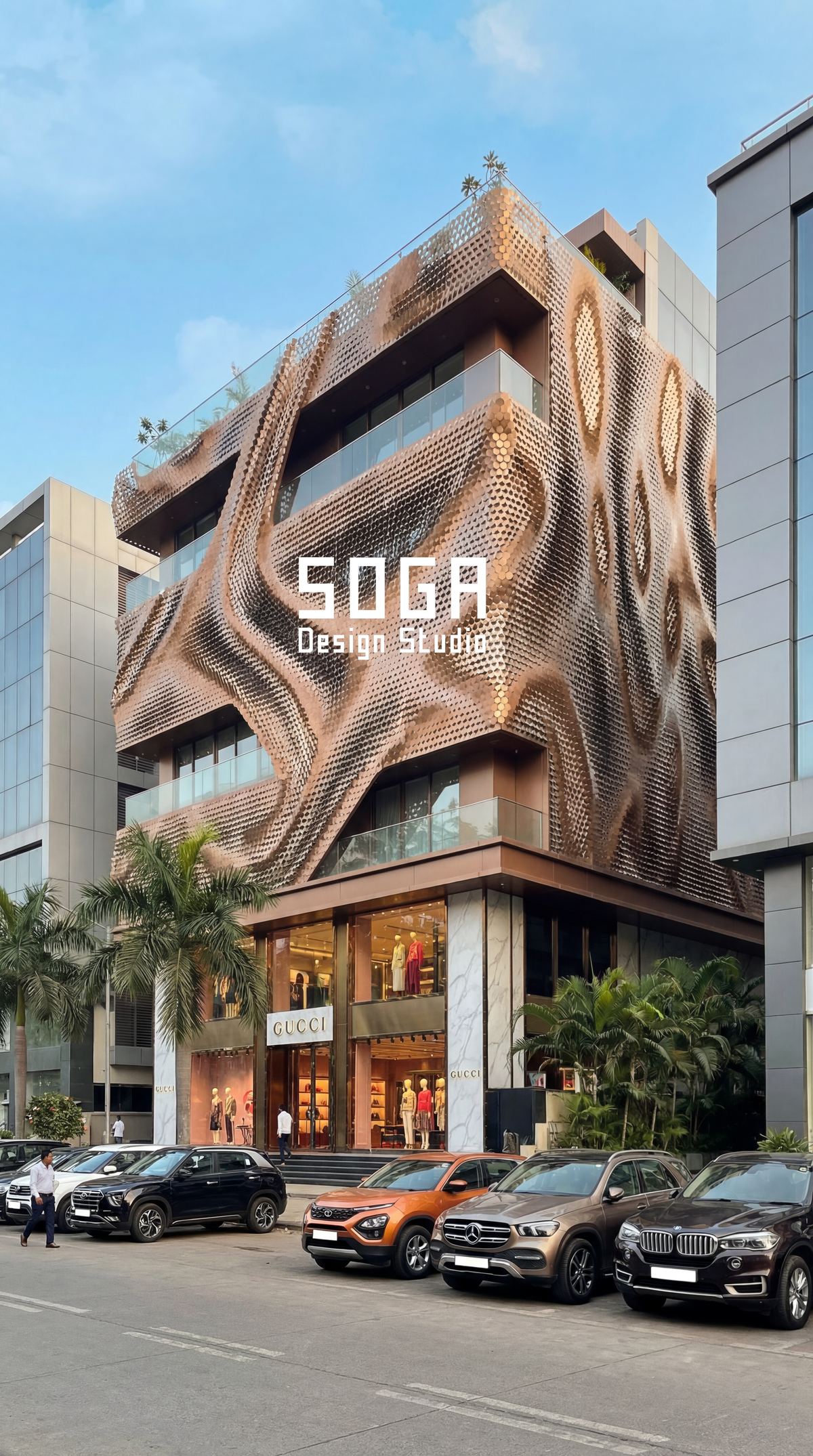 How To Choose A Facade Fabricator: 9 Red Flags To Watch 3 A complex organic metal facade on an Indian retail building, a fabrication capability question before it is a design question