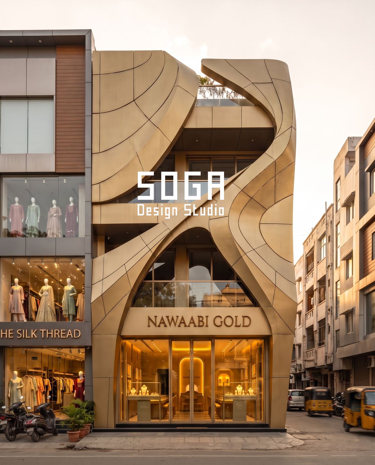 Anodising vs Powder Coating vs PVDF: Which Lasts In India 1 A gold anodised-look metal facade on an Indian showroom, a finish chosen for colour stability rather than initial appearance