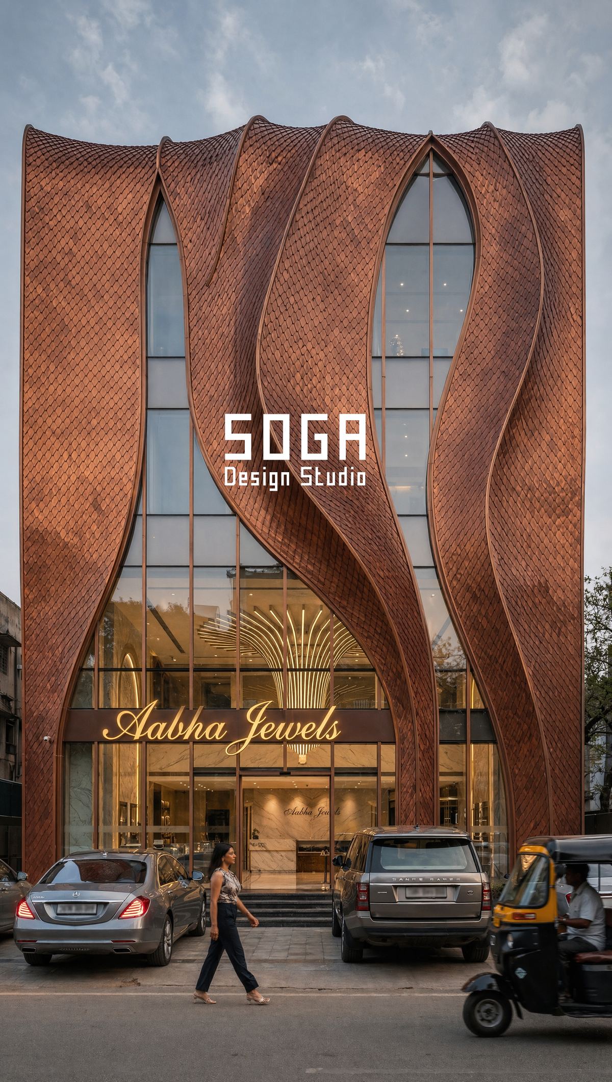 Anodising vs Powder Coating vs PVDF: Which Lasts In India 2 A bronze-toned metal facade with deep curved blades, illustrating how a factory-applied finish reads at full building scale