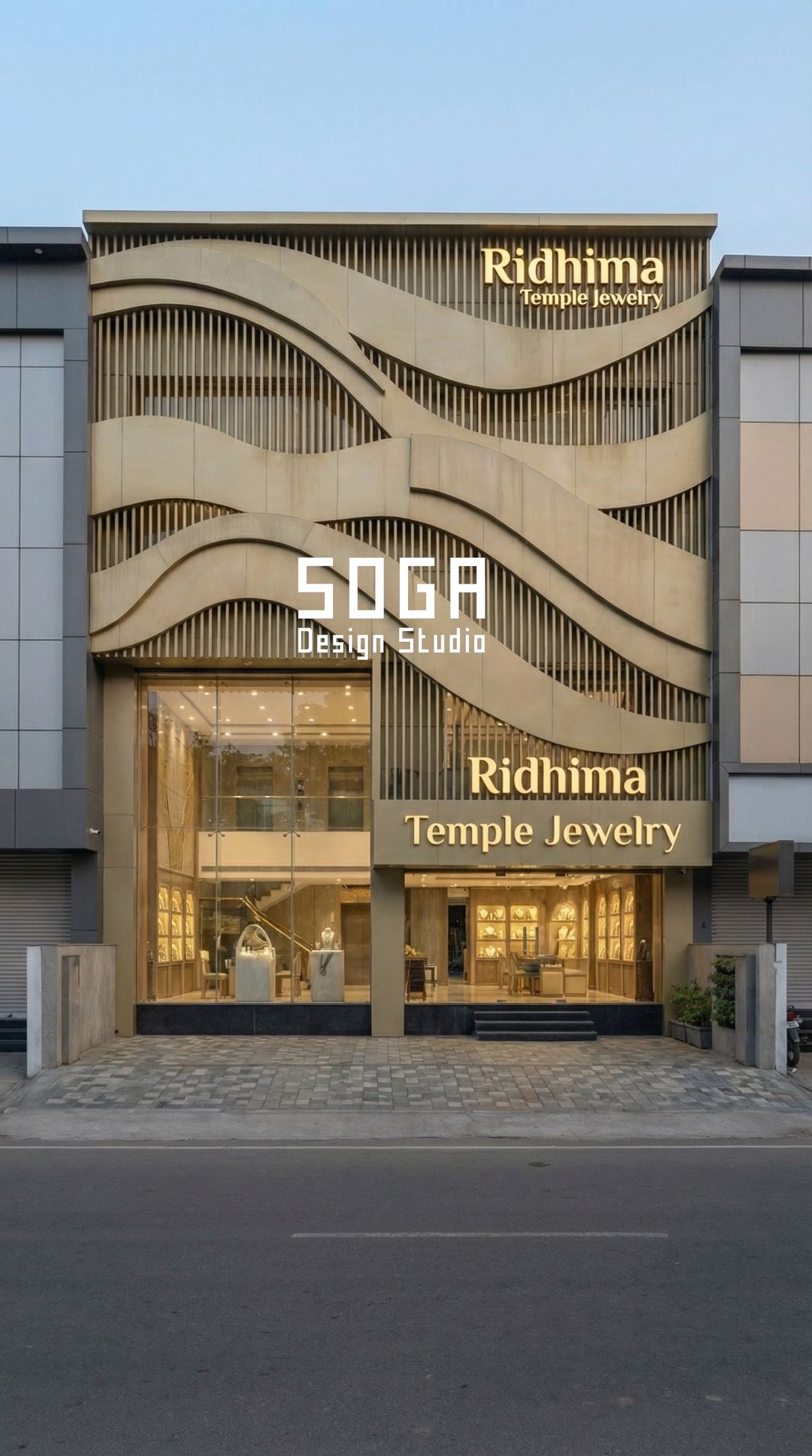 Parametric Facade Maintenance In India: The 20-Year Reality 3 A wavy metal facade on an Indian street frontage, where dust settles in the horizontal recesses and sets the cleaning interval