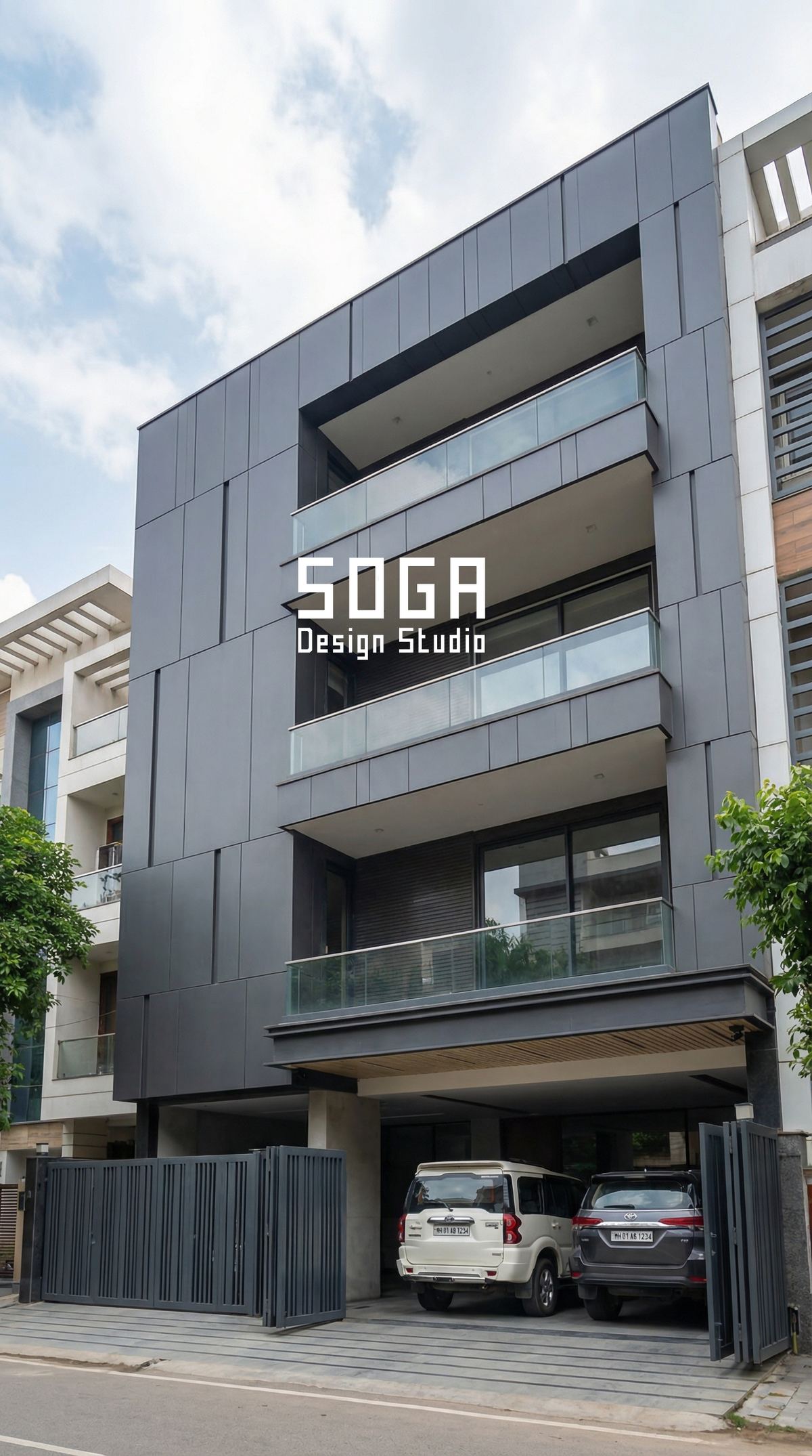 Facade Retrofit Without Demolition: Change The Elevation 1 A grey panel facade fitted over an existing Indian building, an overclad retrofit rather than a rebuild