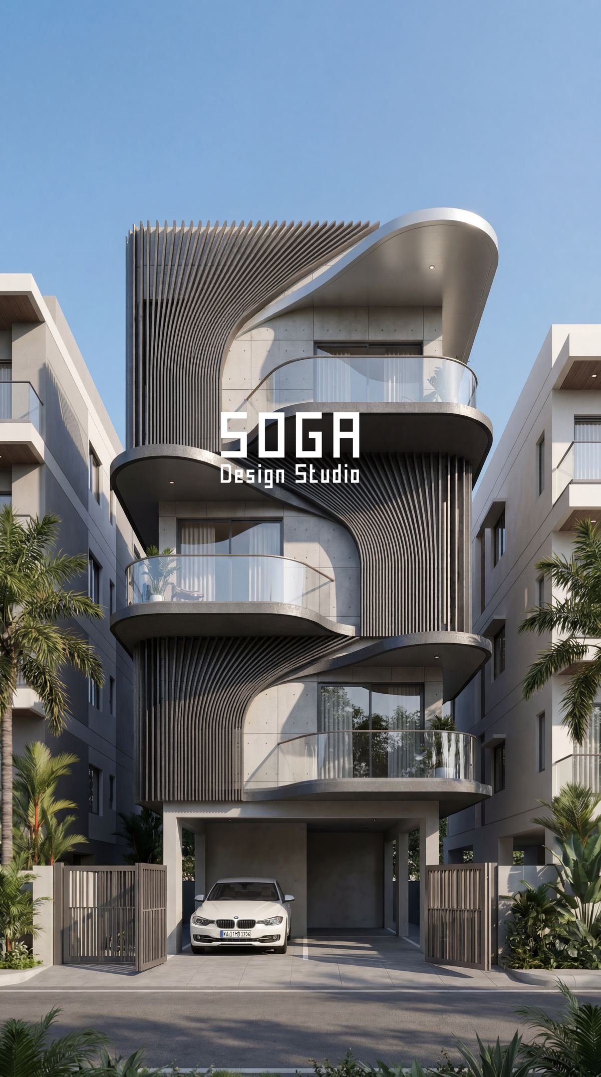 Facade Substructure And Wind Load: MS Framework & Anchoring 1 White curved cantilevered balcony bands on an Indian house, a projection whose substructure carries real wind load